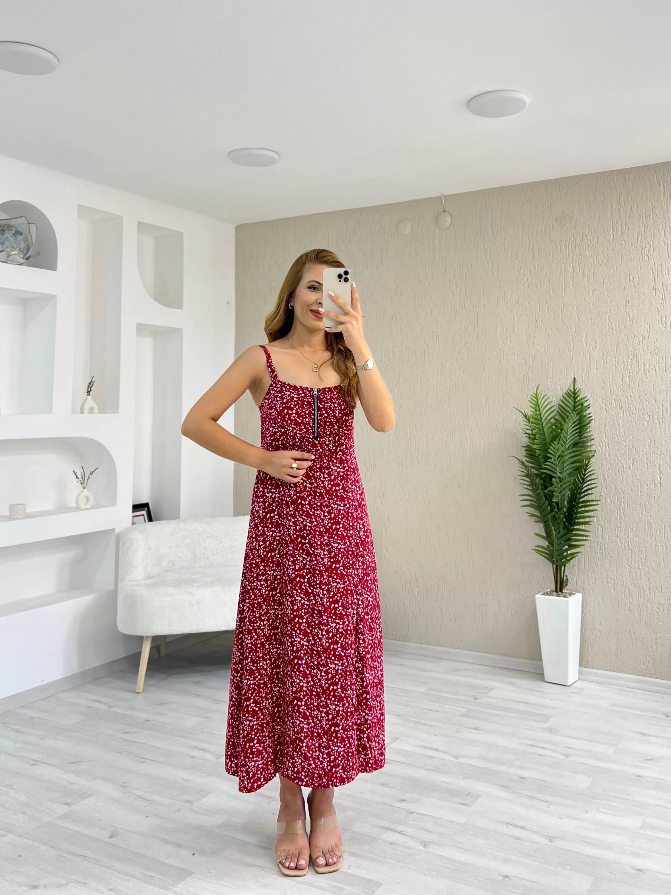 Göğüs Fermuarlı Desenli Elbise Kırmızı