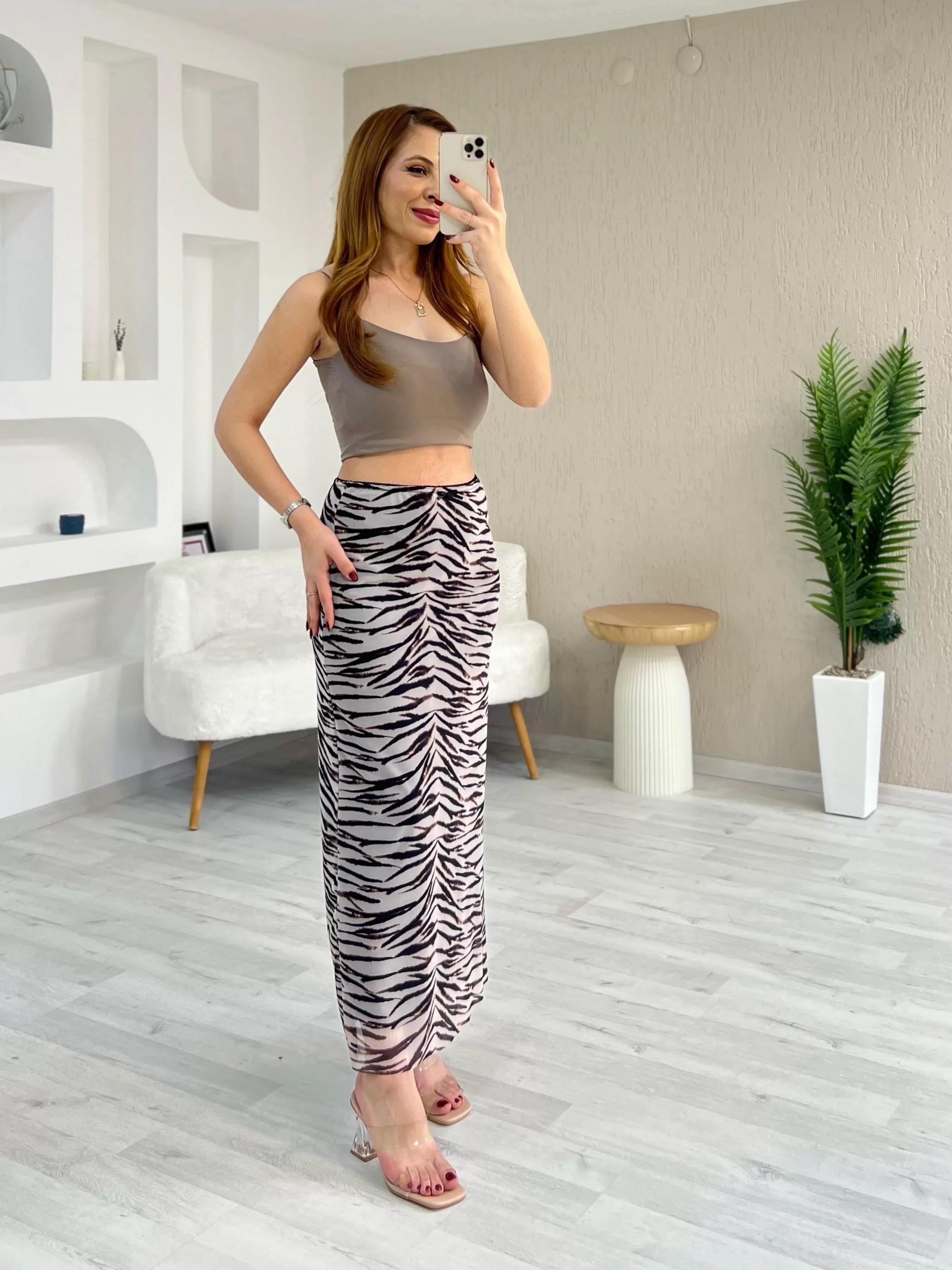 Astarlı Tül Etek Kahverengi Zebra Desen