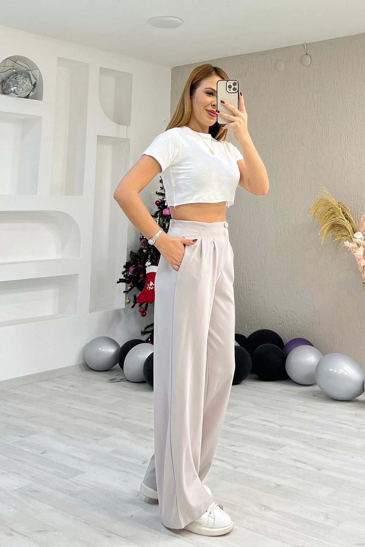 Ön Pileli Kaplama Düğmeli Ekru Pantolon