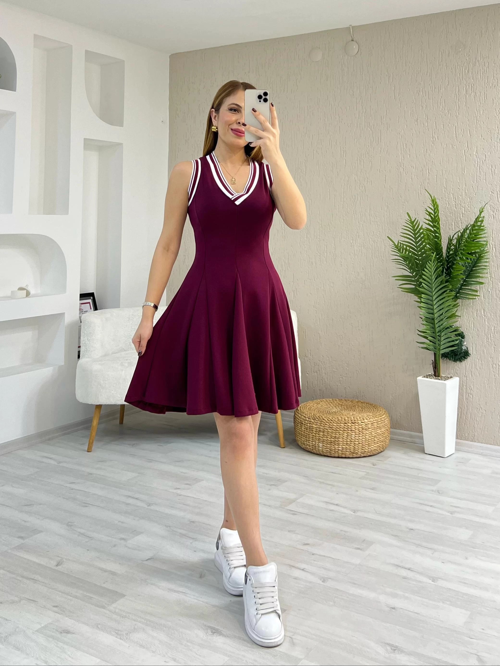 Modal Kumaş Ribanalı Dilimli Elbise Bordo