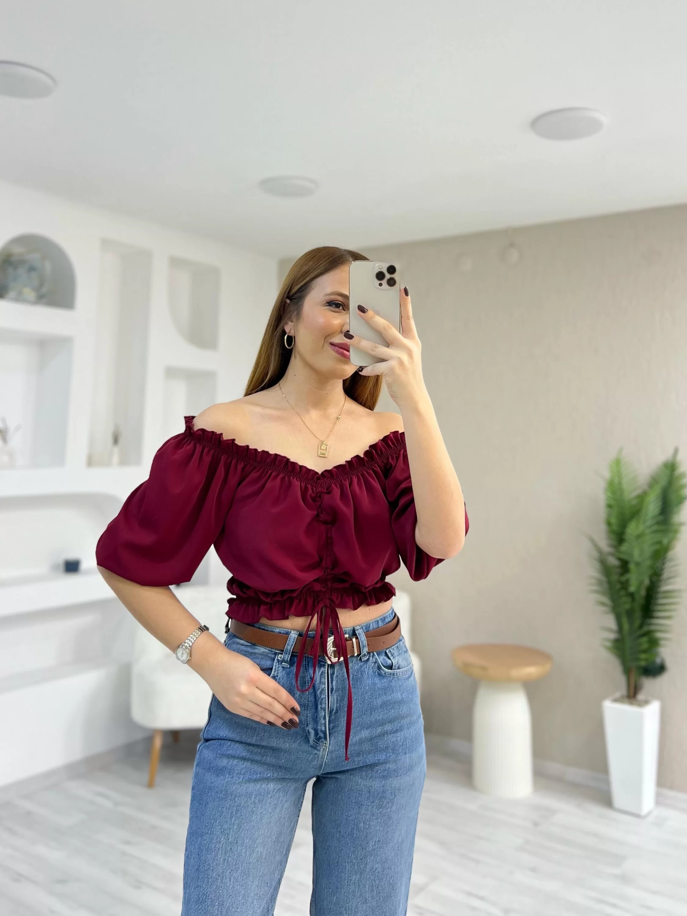 Önü Bağcıklı Jessica Bluz Bordo