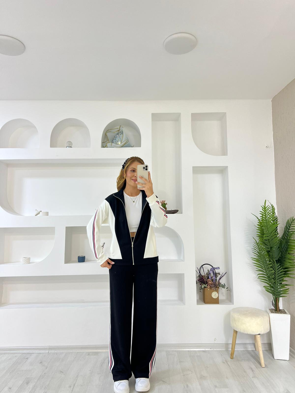 Modal Kumaş Şeritli Ceket Takım - Siyah