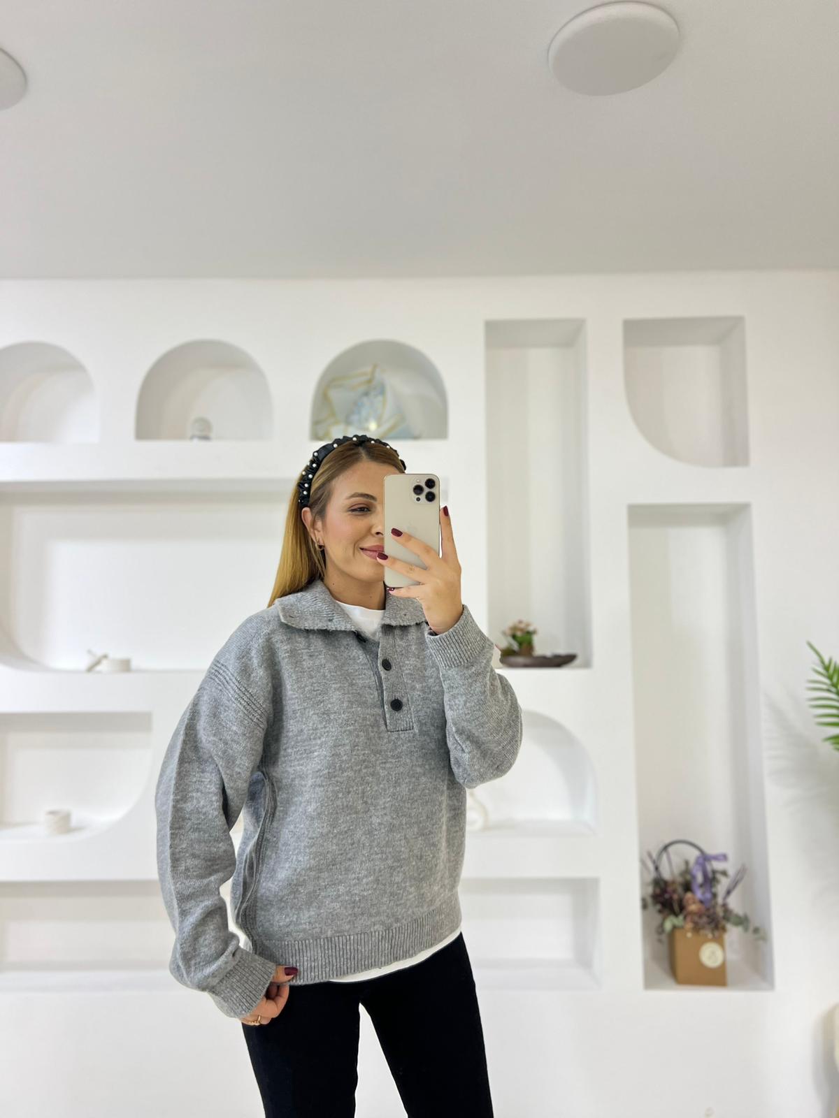 Polo Yaka Düğmeli Triko Kazak - Gri