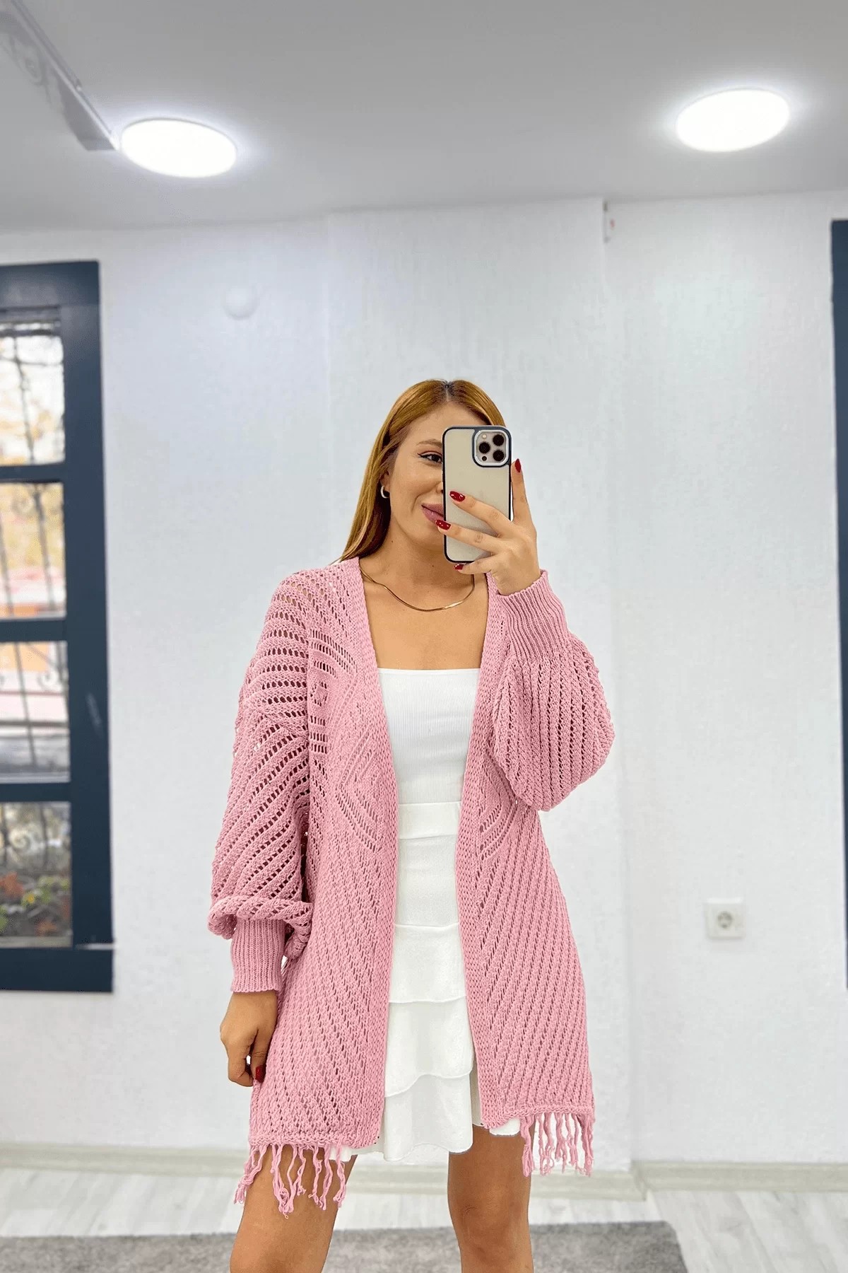 Kelebek Püsküllü Hırka Pembe