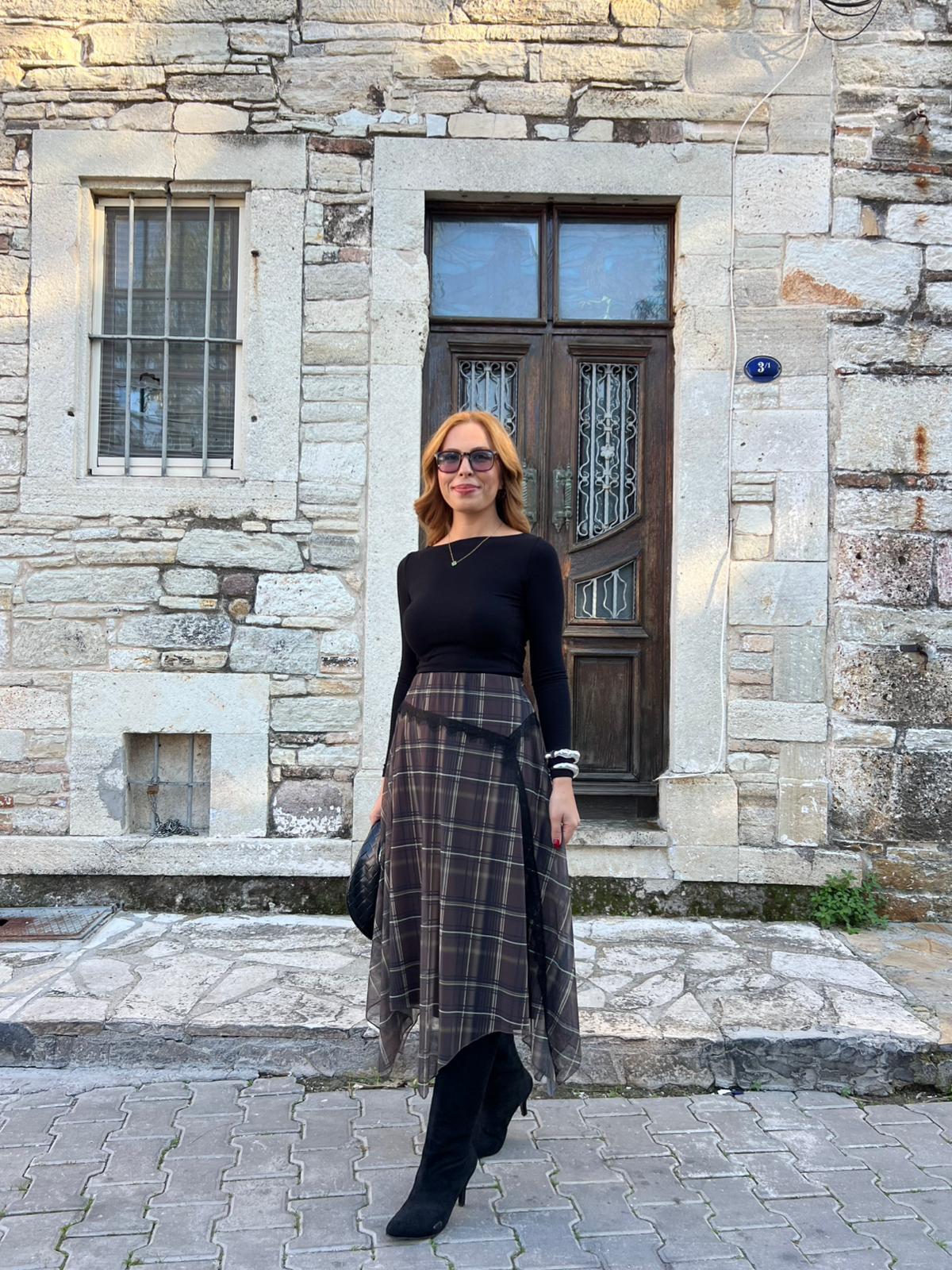 Ekose Dantel Kemerli Etek