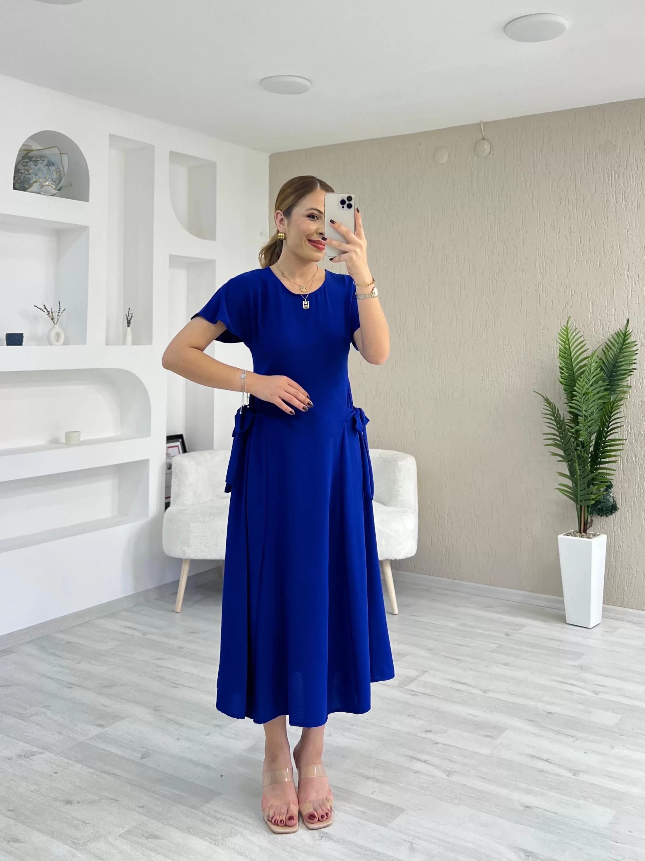 Yan Bağlama Detay Ayrobin Elbise Saks Mavi
