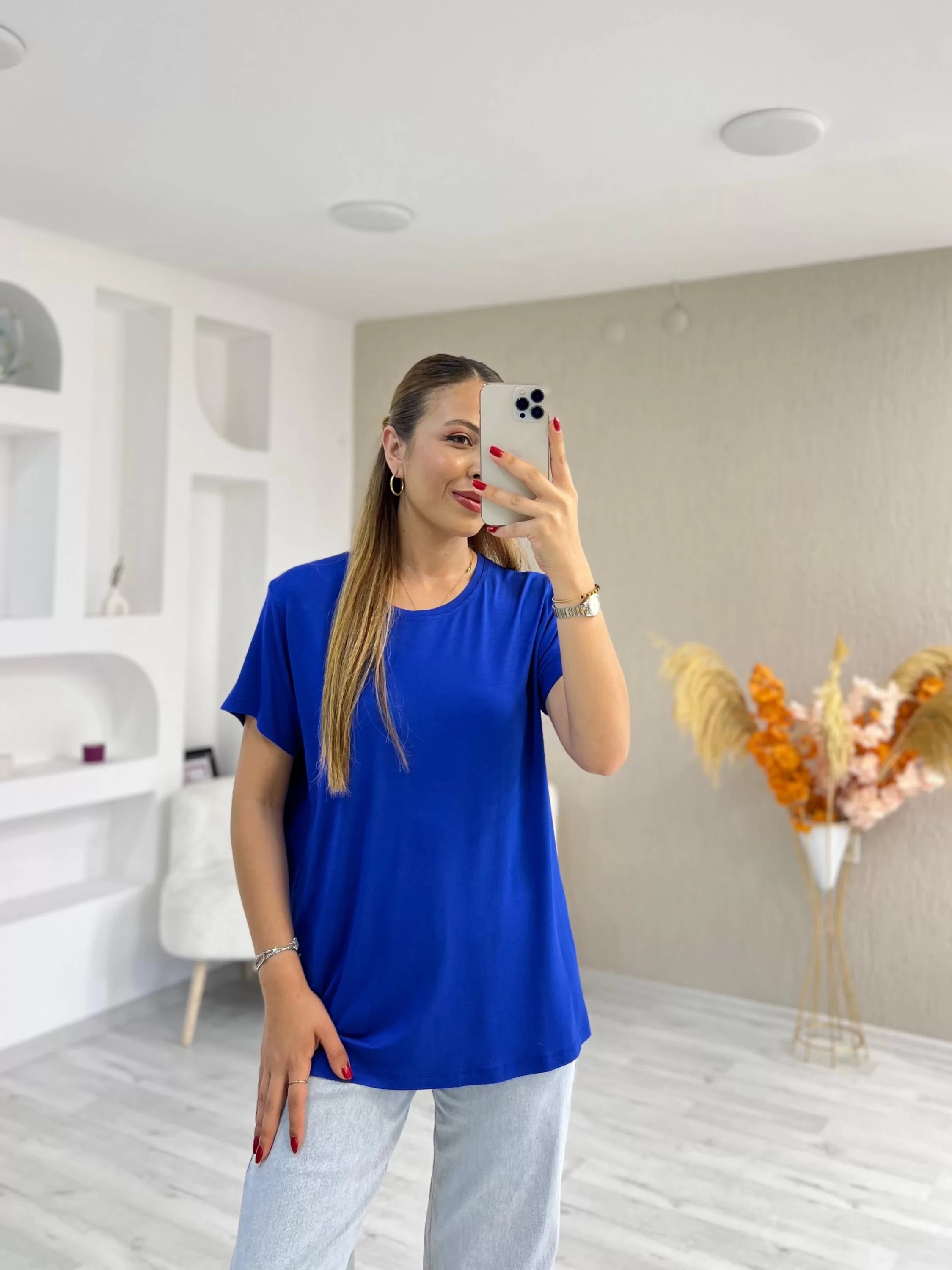 Bisiklet Yaka Viskon Kumaş Basic Tshirt Saks Mavi