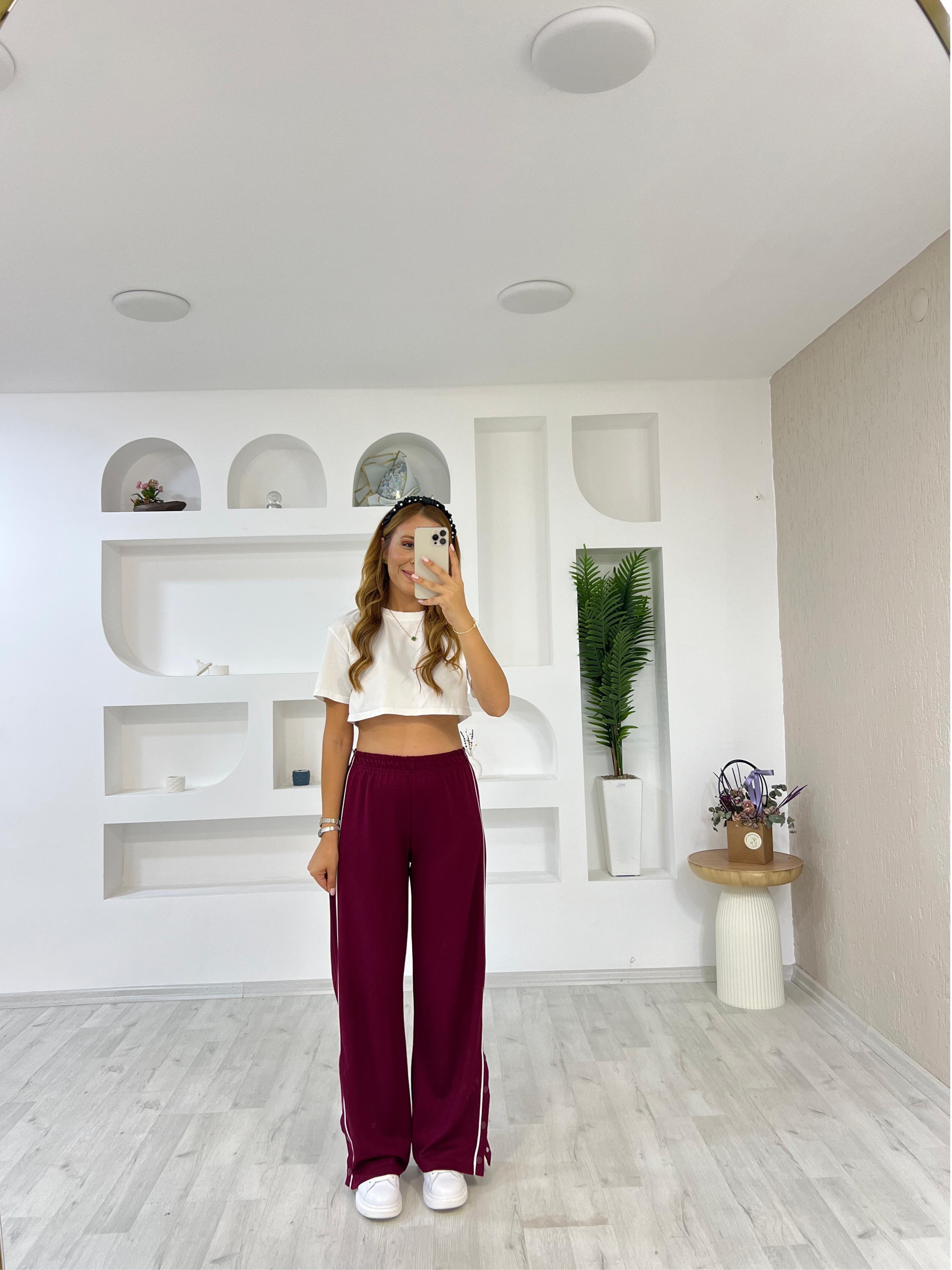 Paça Çıtçıtlı Pantolon - Bordo