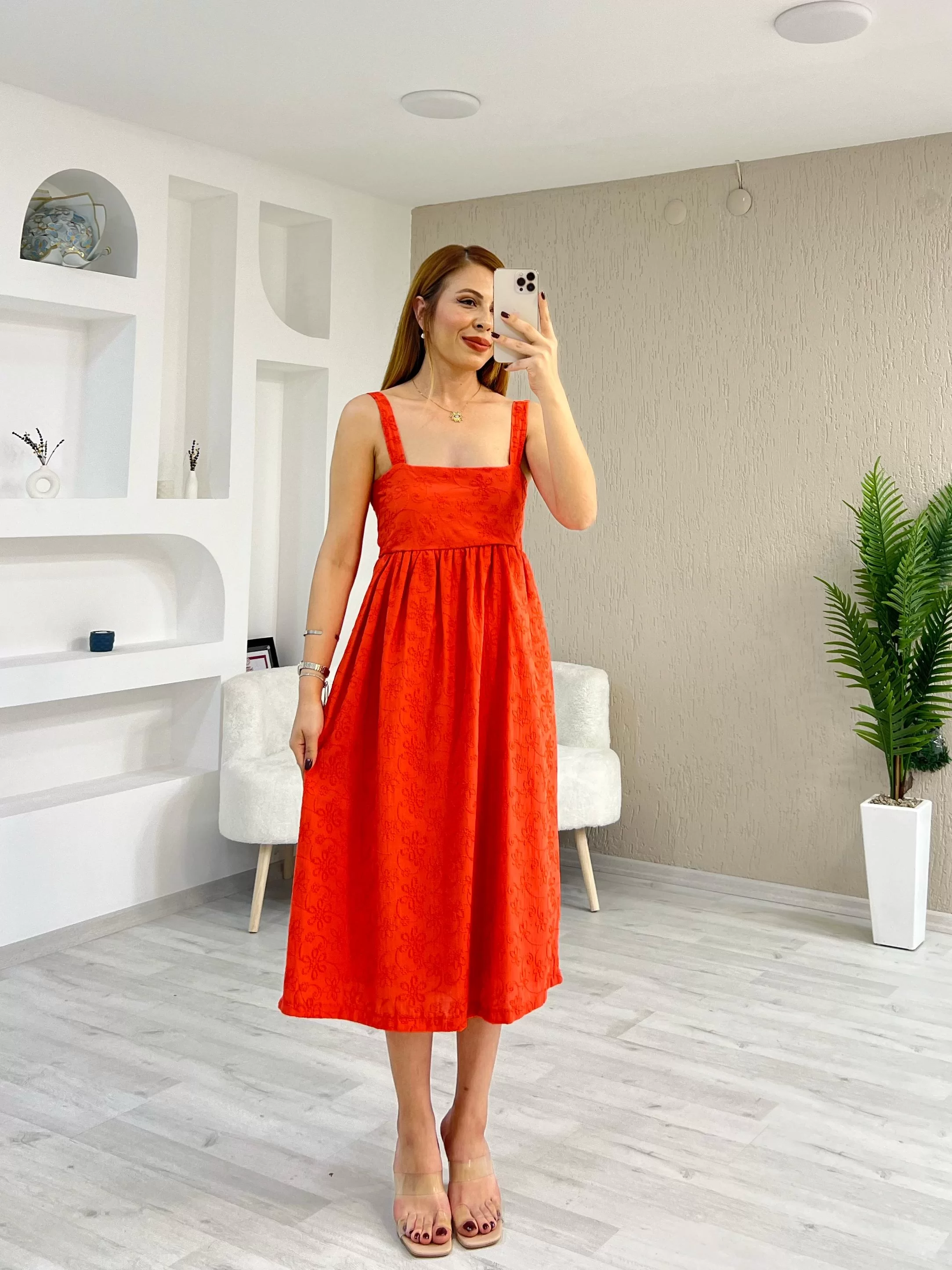 Kalın Askılı Fisto Elbise Nar Çiçeği