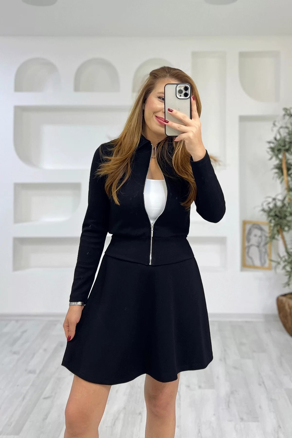 Fermuarlı Etek Ceket Siyah Takım