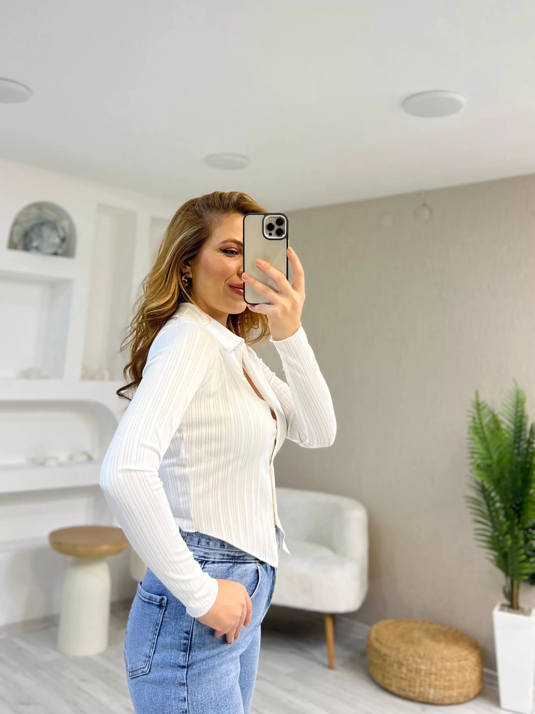 Yakalı Beyaz Crop Gömlek