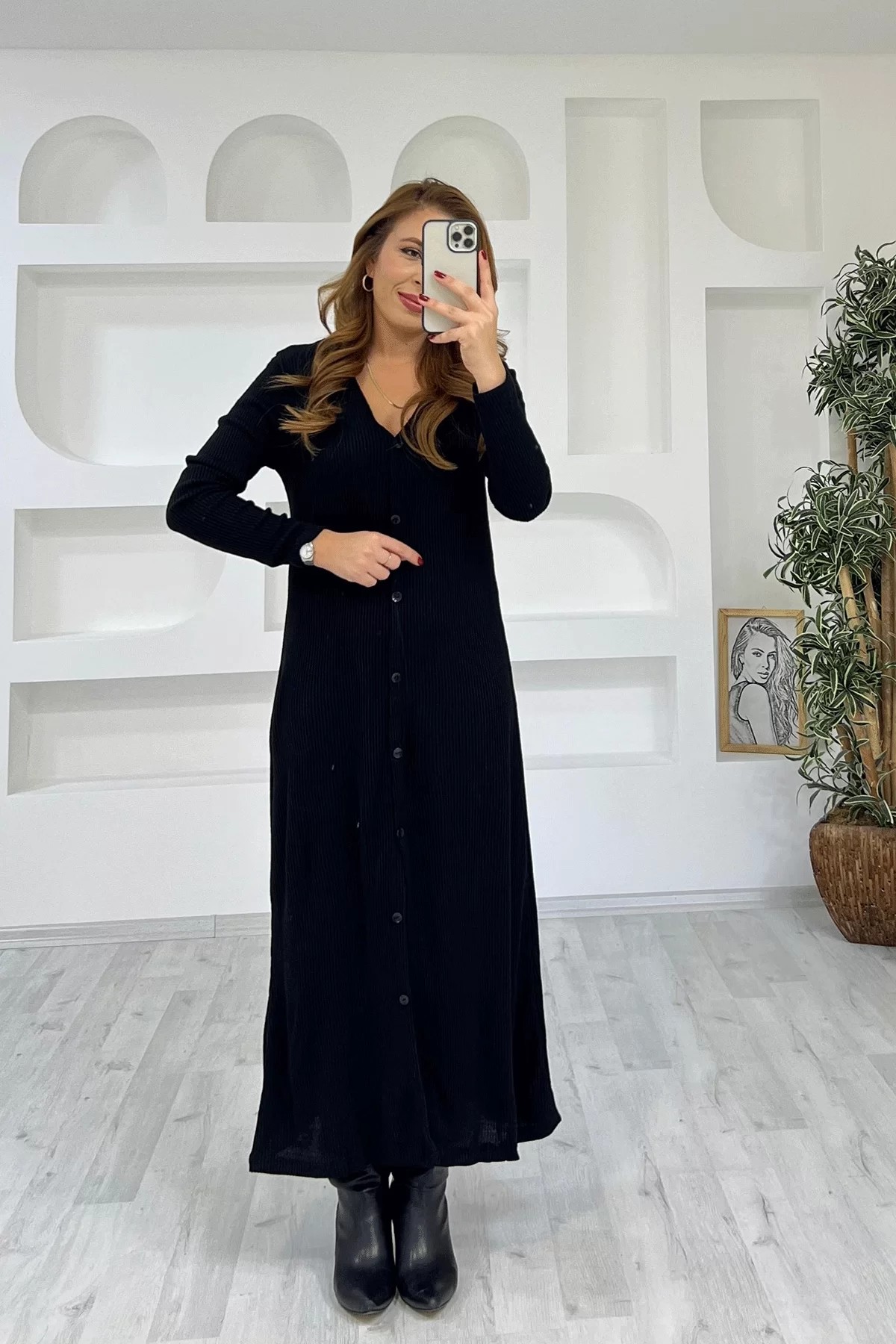 Düğmeli Triko Siyah Elbise