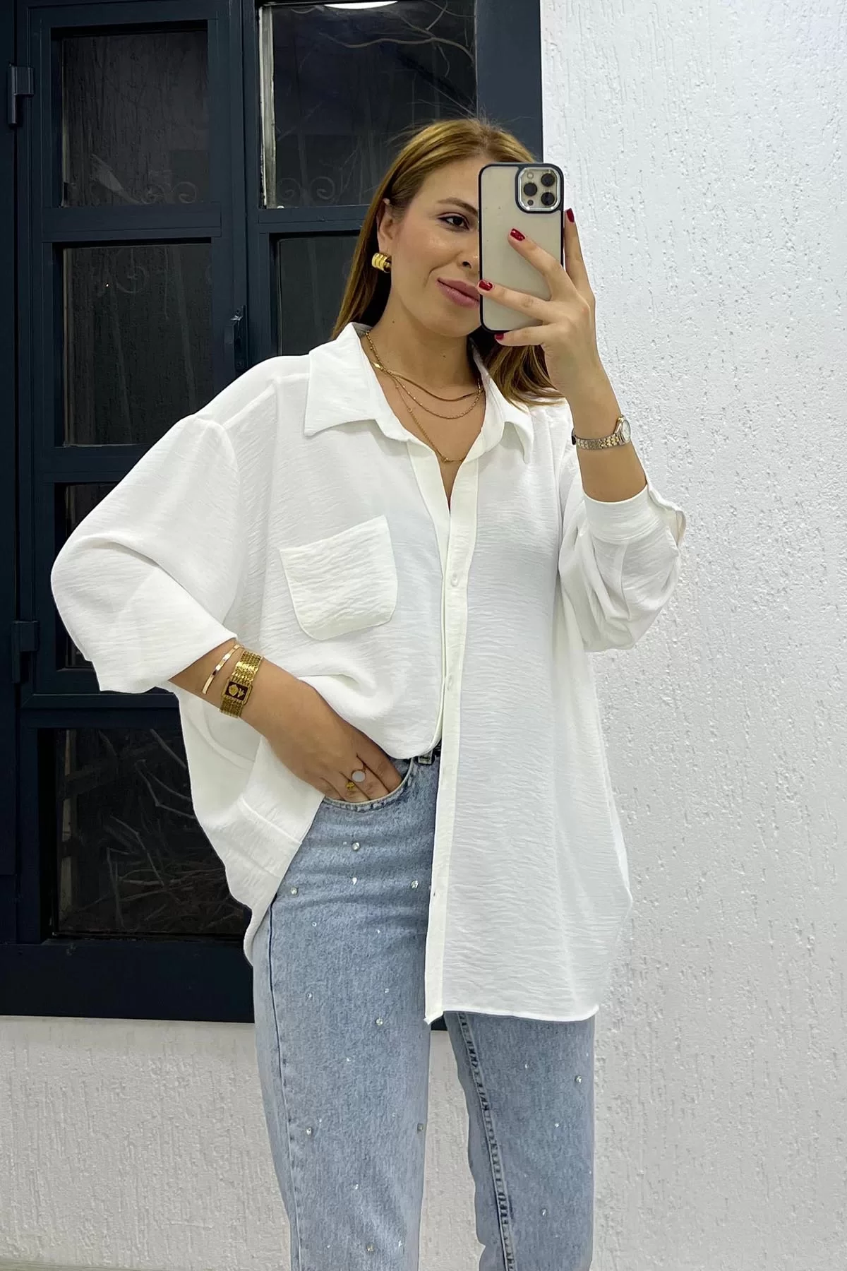 Ayrobin Kumaş Tek Cep Oversize Gömlek Beyaz