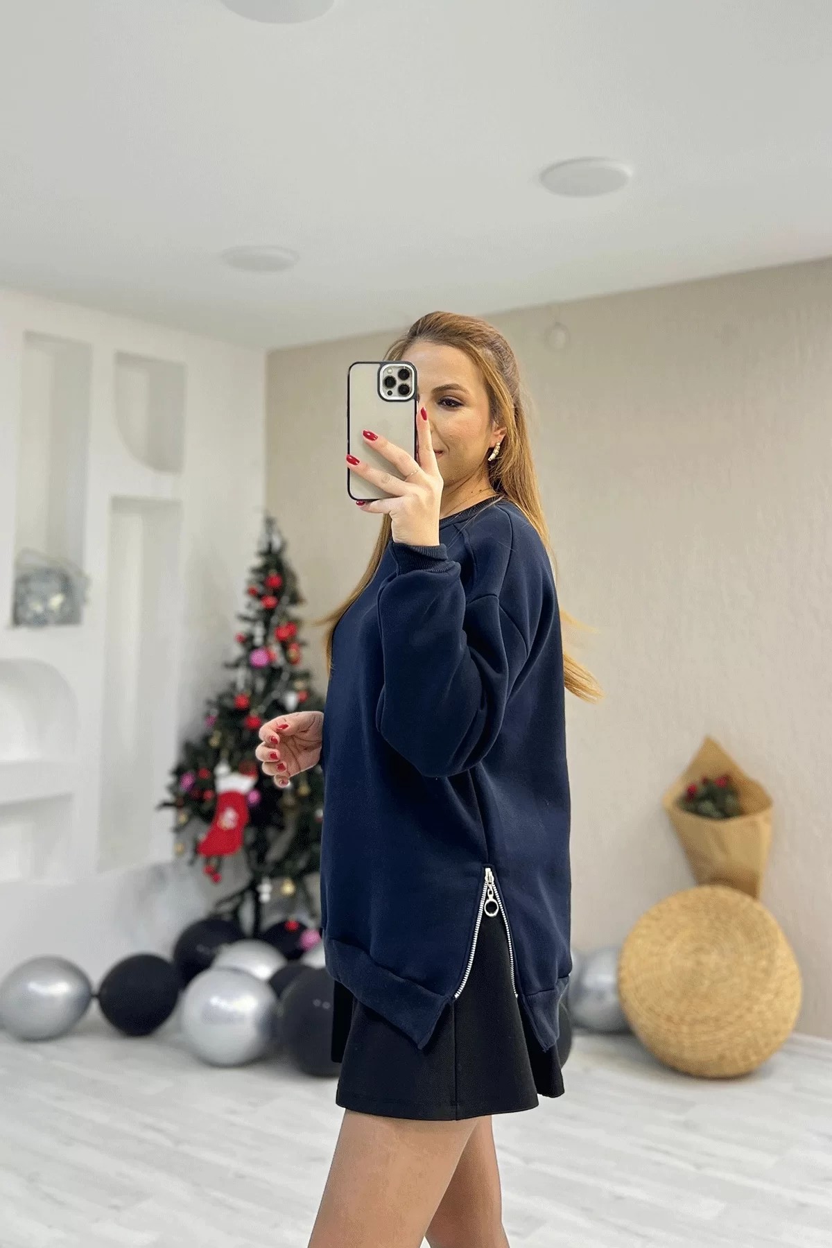 Yan Fermuarlı Lacivert Sweatshirt