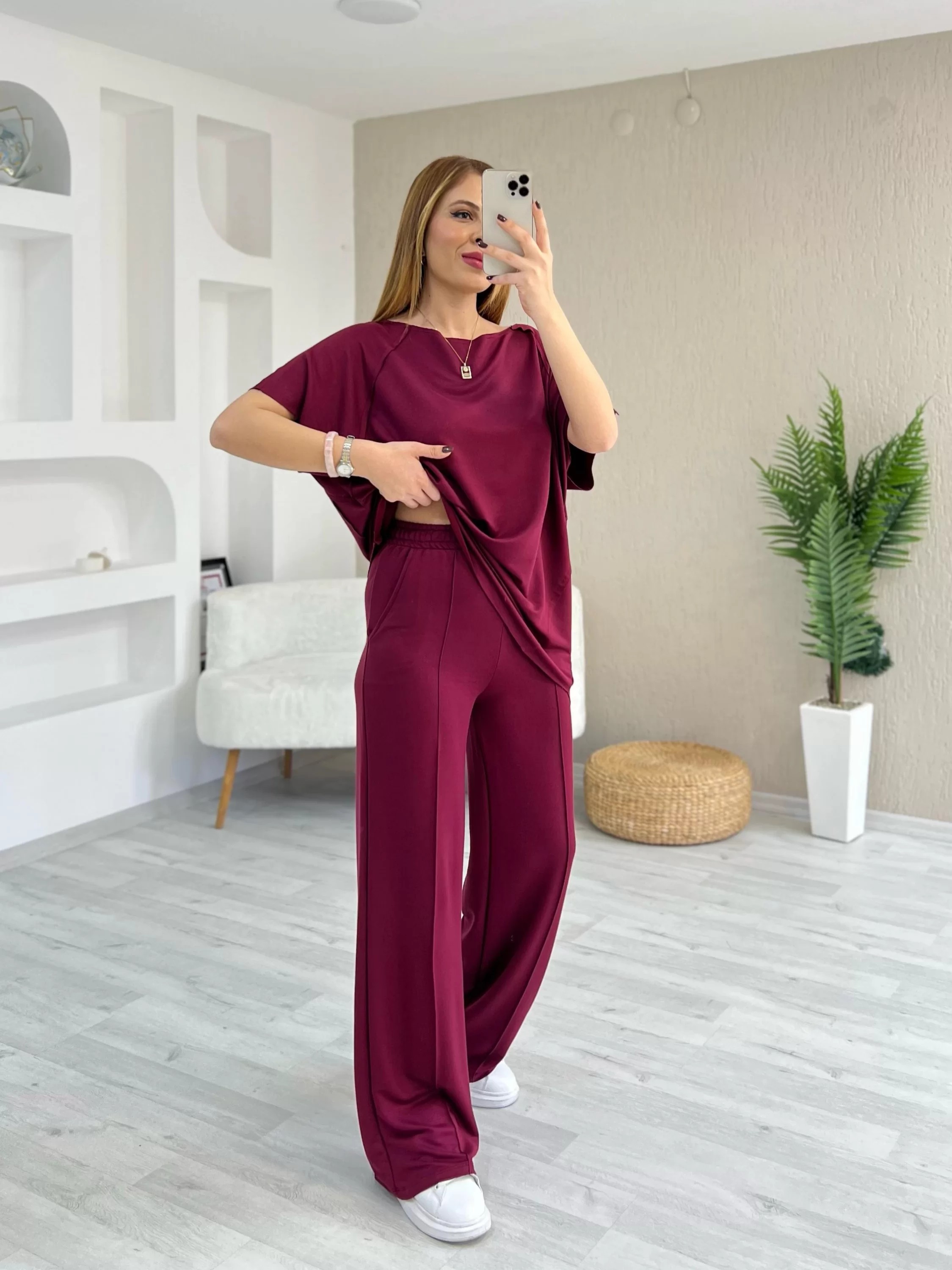 Pis Dikişli Kısa Kol Eşofman Bordo