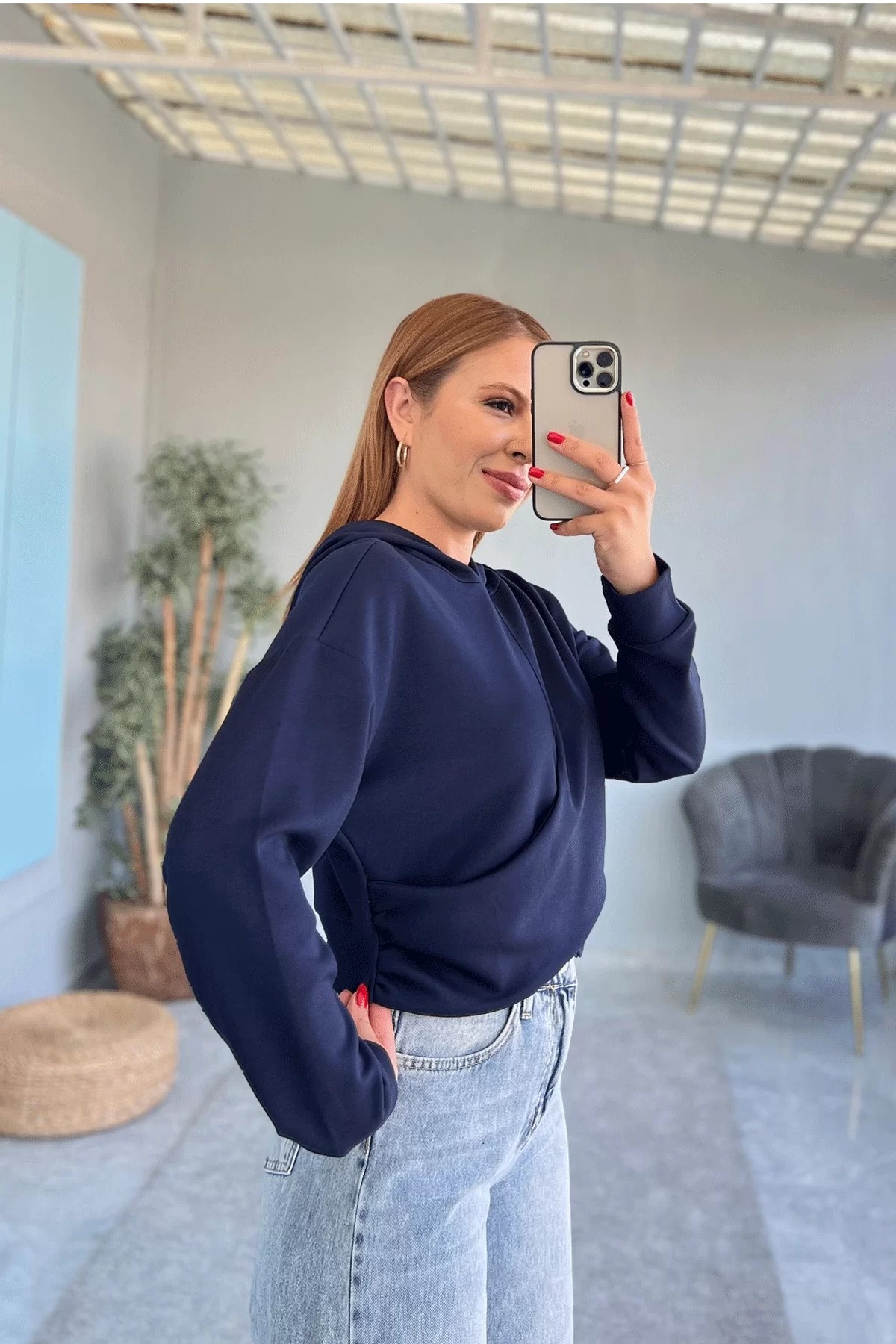 Kapşonlu Crop Lacivert Sweatshirt