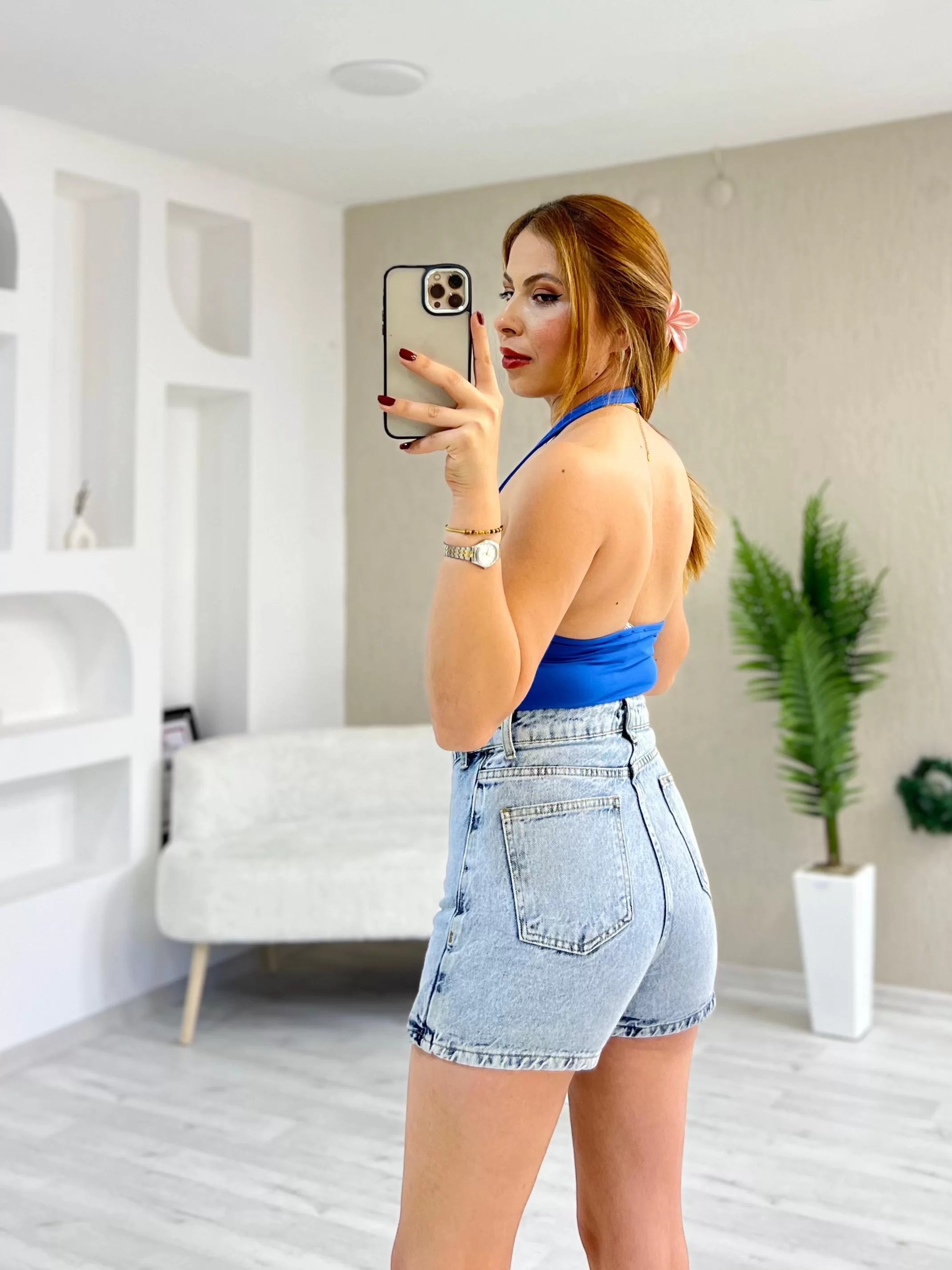 Boyundan Geçmeli Sandy Kumaş Bluz Saks Mavi