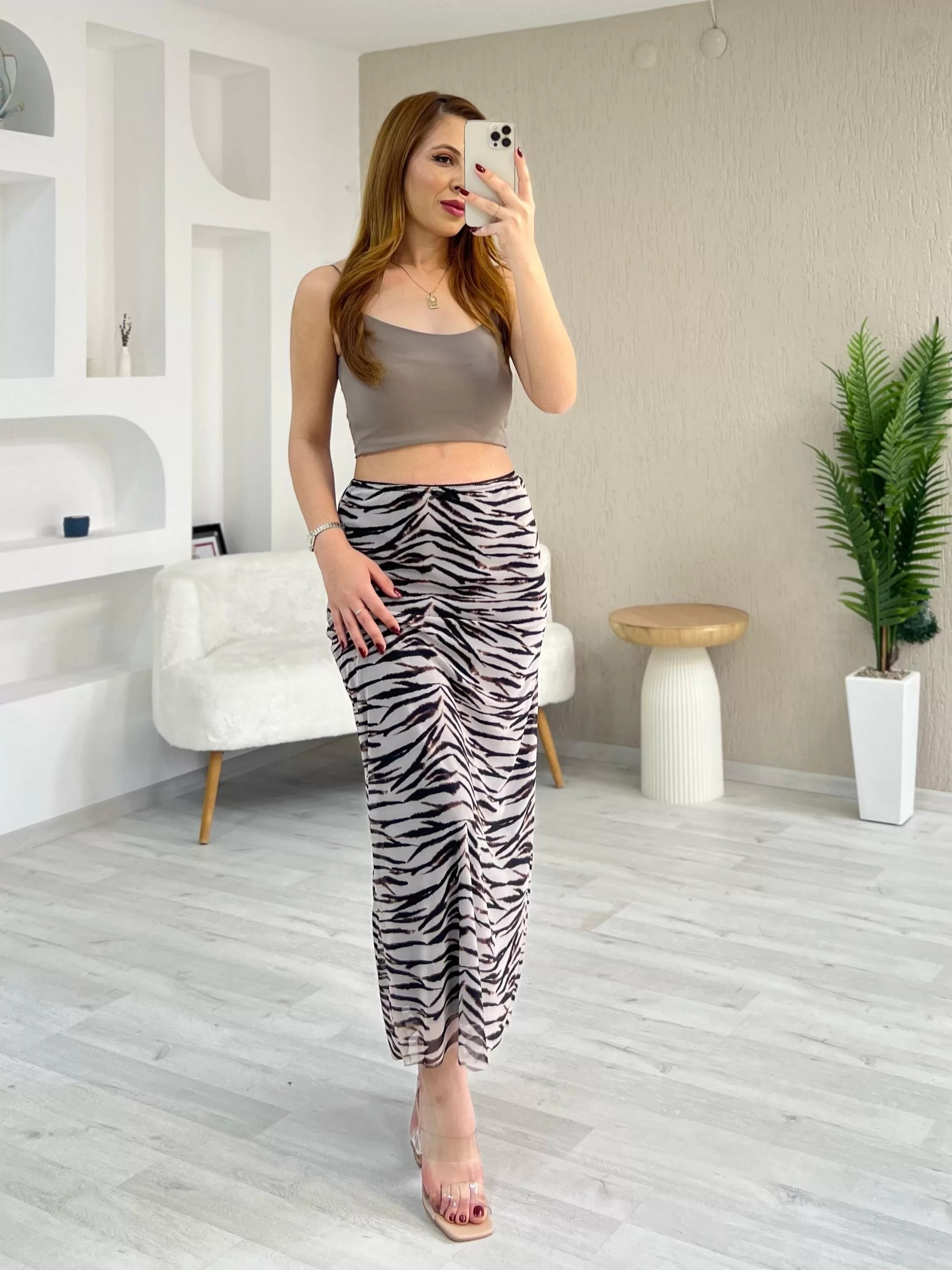 Astarlı Tül Etek Kahverengi Zebra Desen