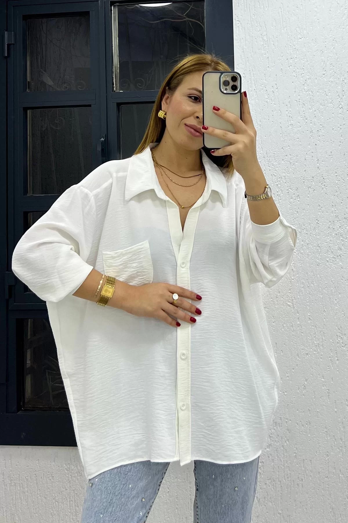 Ayrobin Kumaş Tek Cep Oversize Gömlek Beyaz