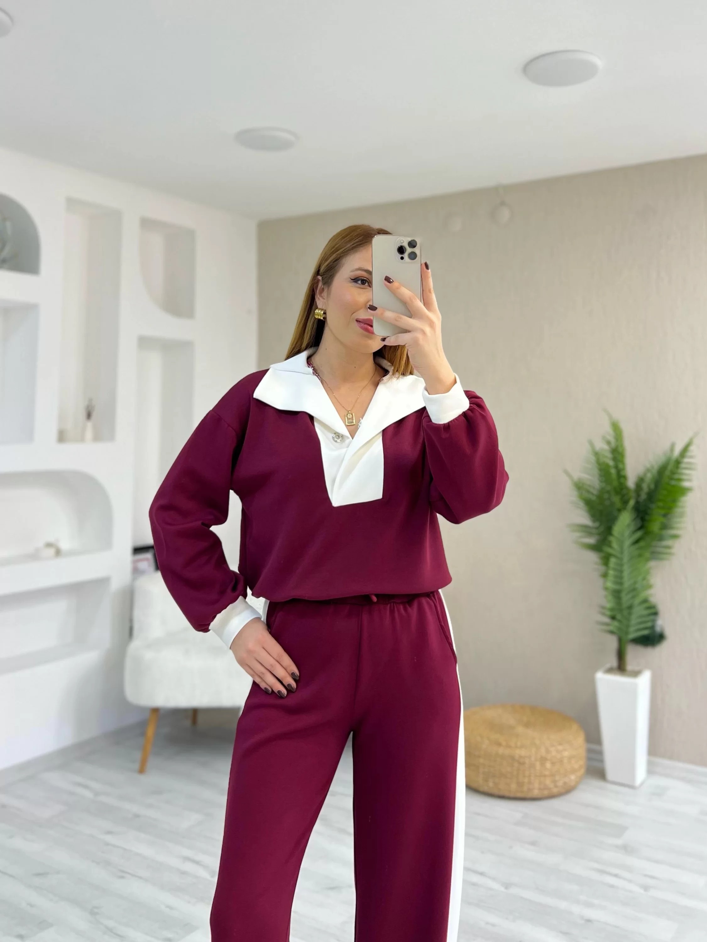 Patlı Garnili Modal Takım Bordo