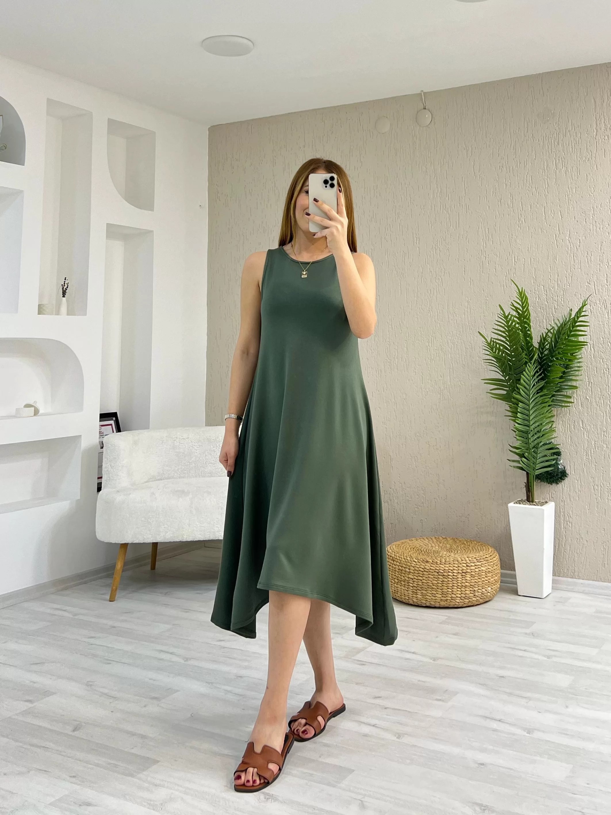 Eteği Asimetrik Elbise Haki