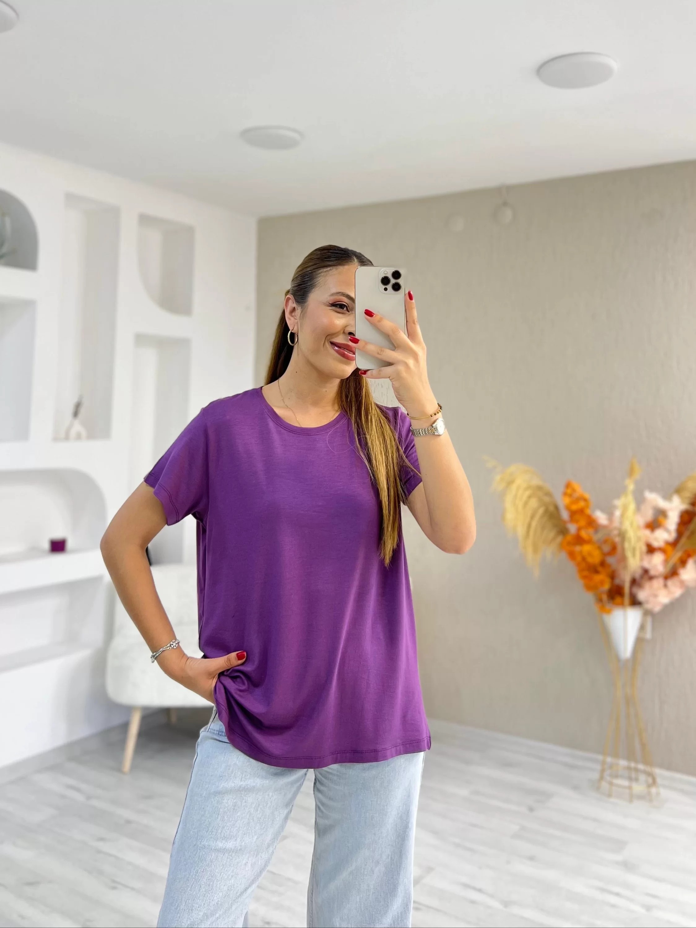 Bisiklet Yaka Viskon Kumaş Basic Tshirt Mor