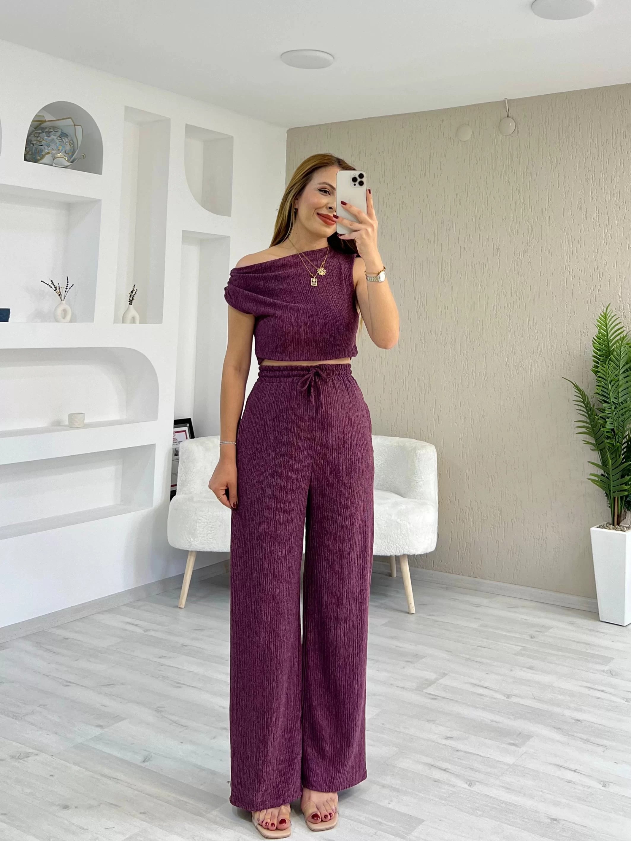 Büzgülü Omuz Detay Bürümcük Bluz Pantolon Takım Mürdüm