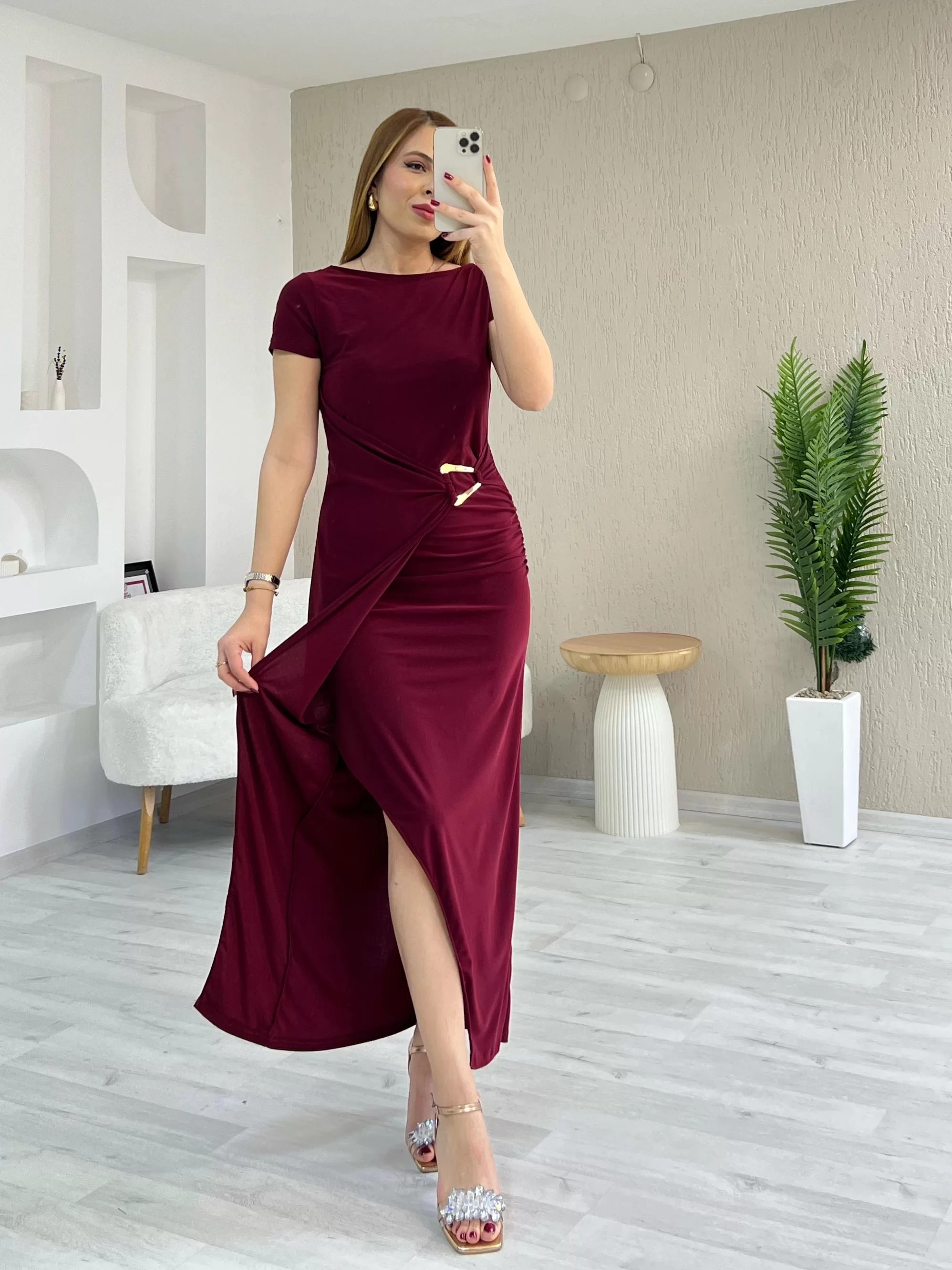 Toka Detay Kruvaze Sandy Elbise Bordo