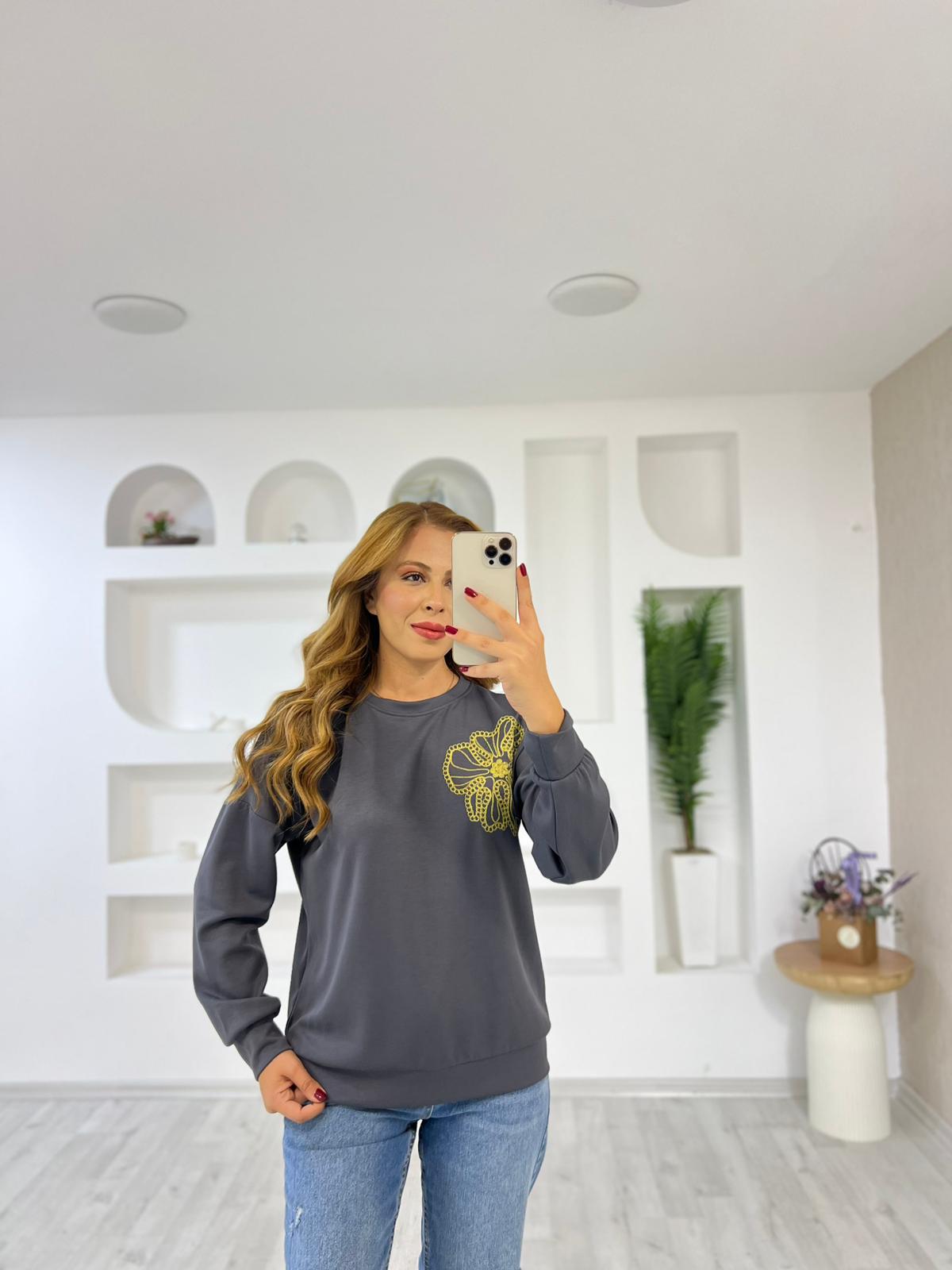 Süzene Çiçek Nakışlı Sewat - Antrasit