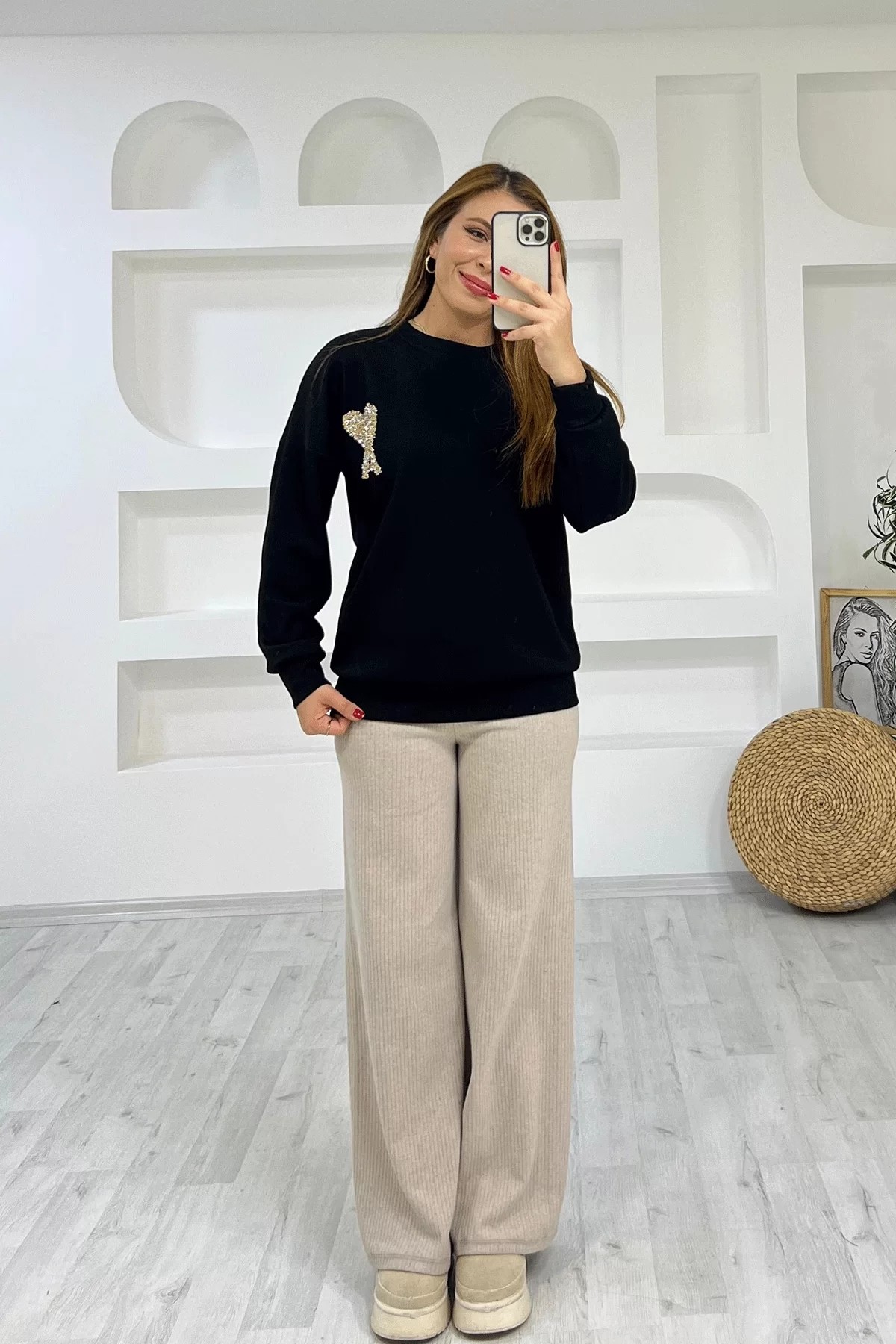 Kalp desenli Siyah Sweat