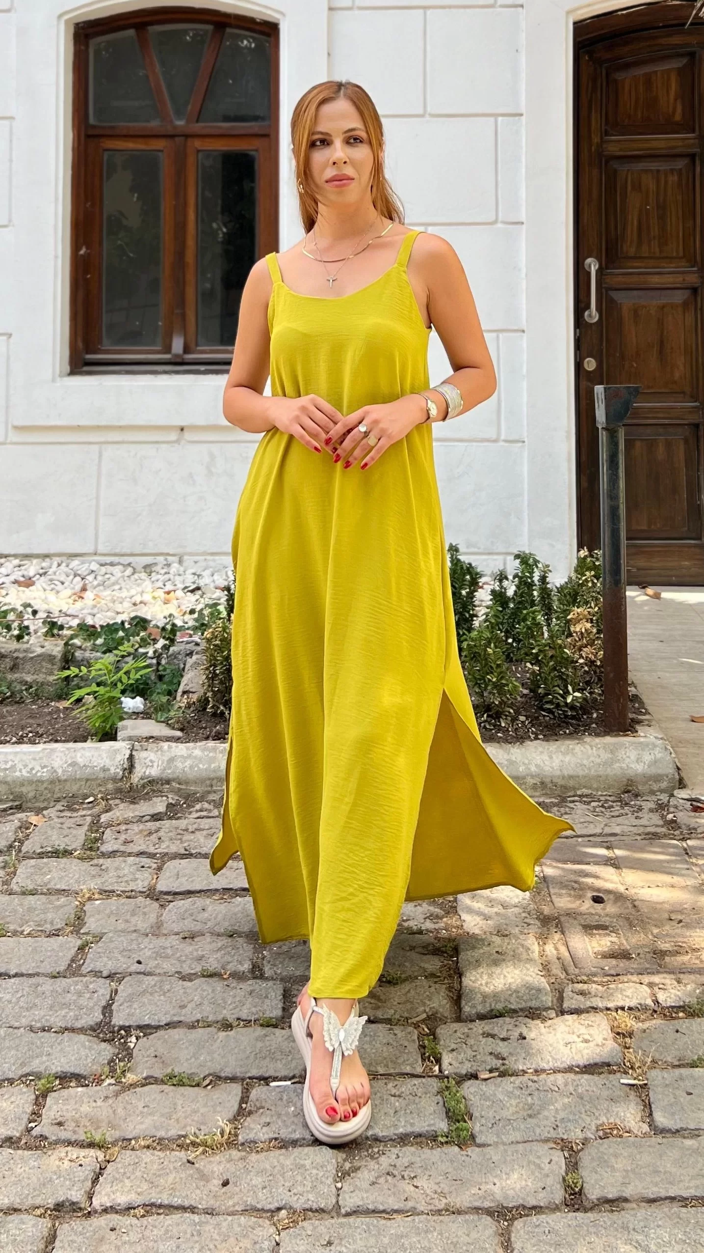 İp Askılı Yırtmaçlı Ayrobin Elbise Olive