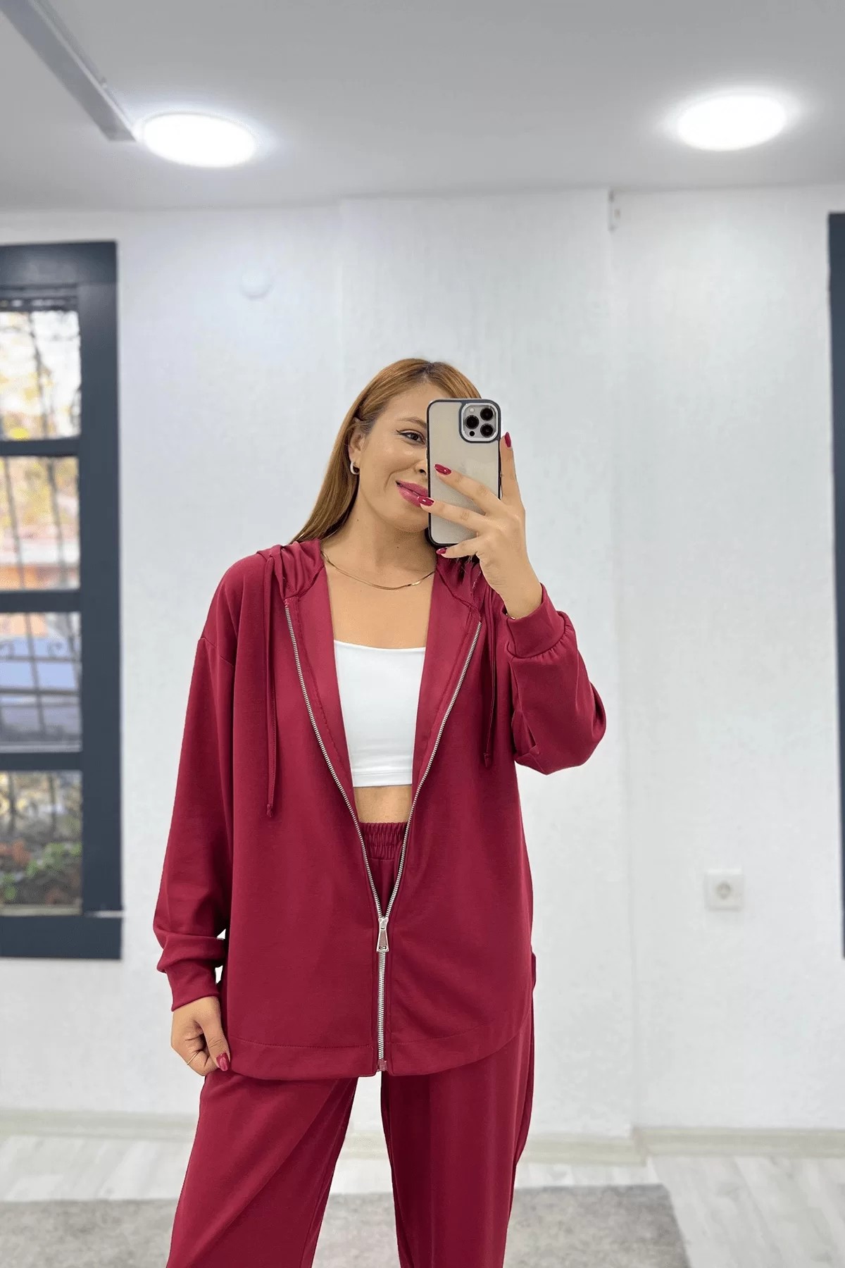 Fermuarlı Kapşonlu Modal Kumaş Bordo Takım