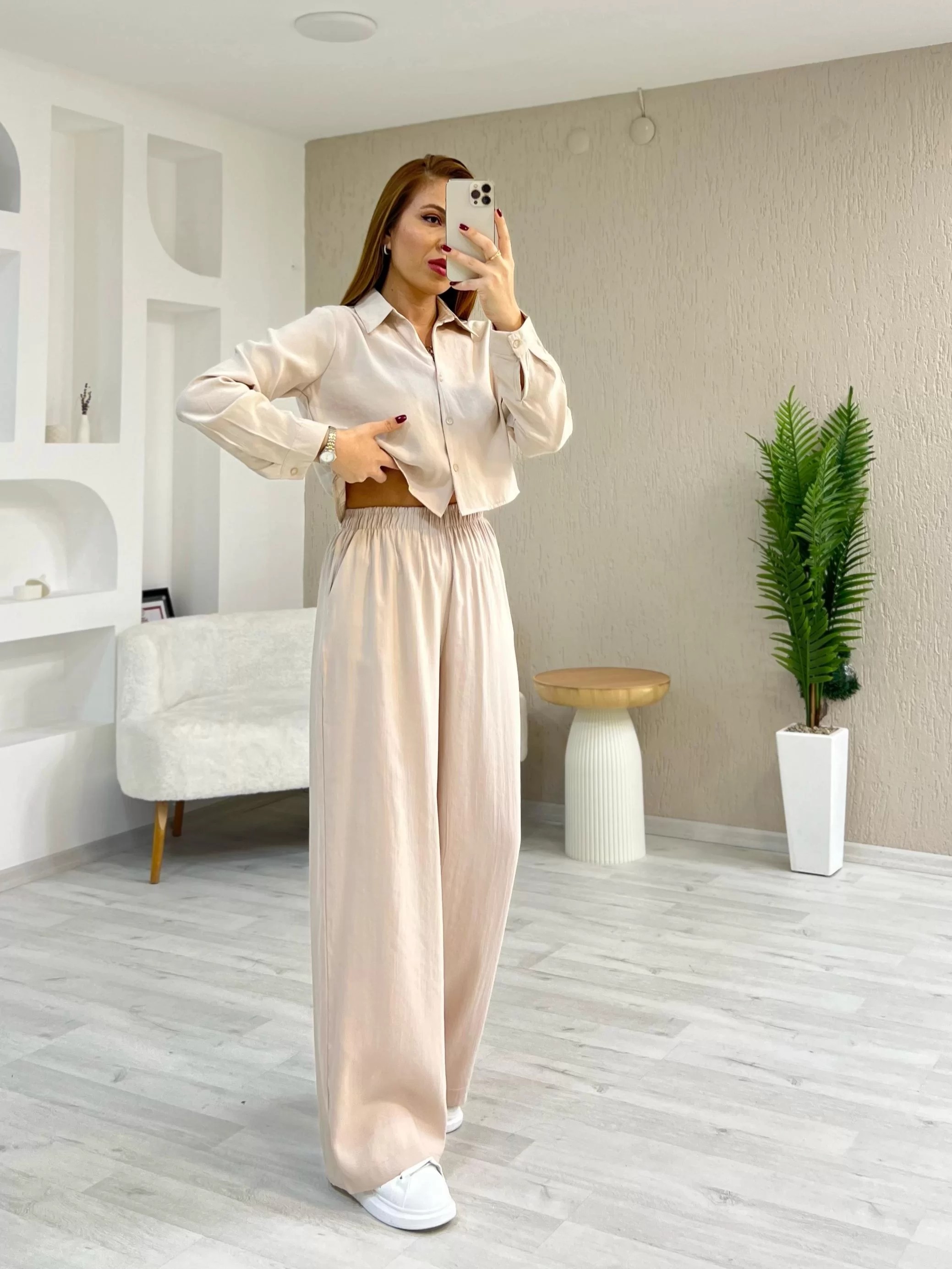 Tensel Kumaş Crop Takım Krem