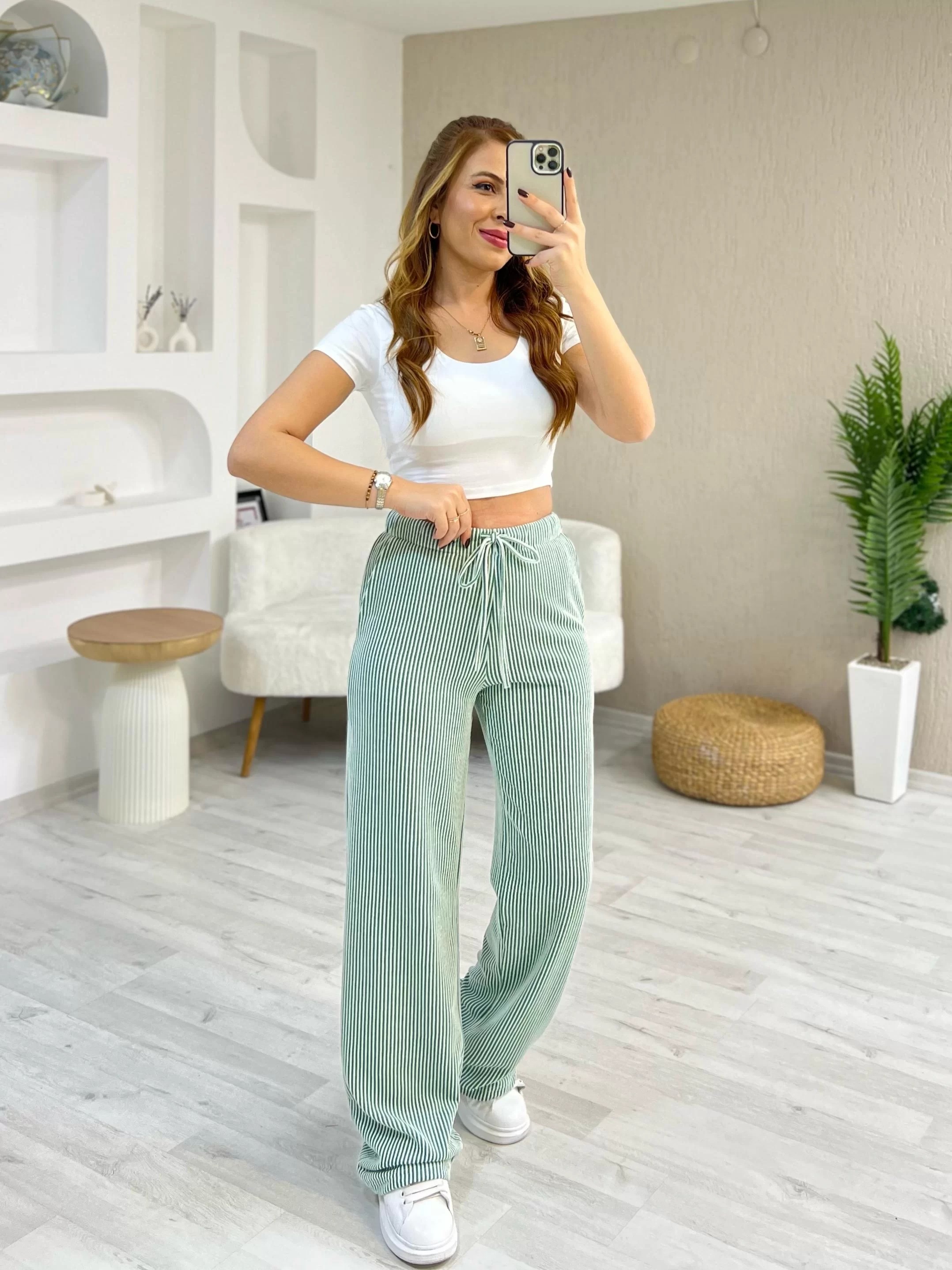 Stradivarius Çizgili Pantolon Yeşil