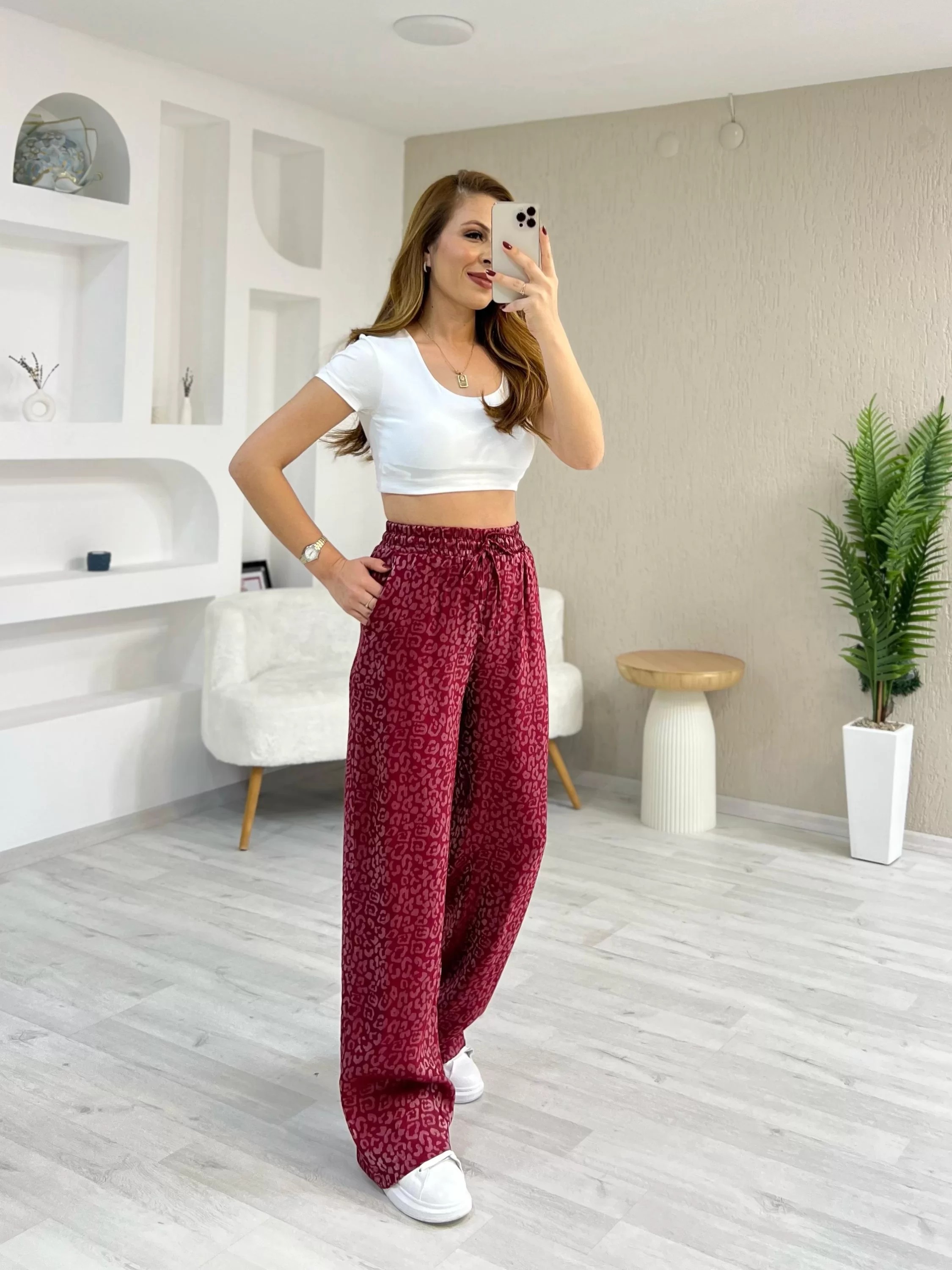 Kırmızı Leopar Bol Paça Pantolon