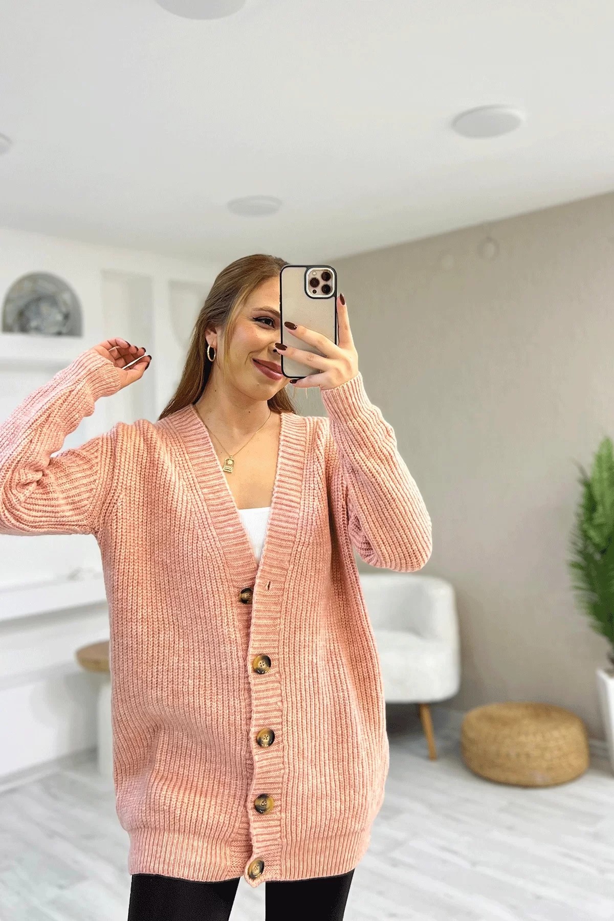 Selanik Örgü Düğmeli Pembe Hırka
