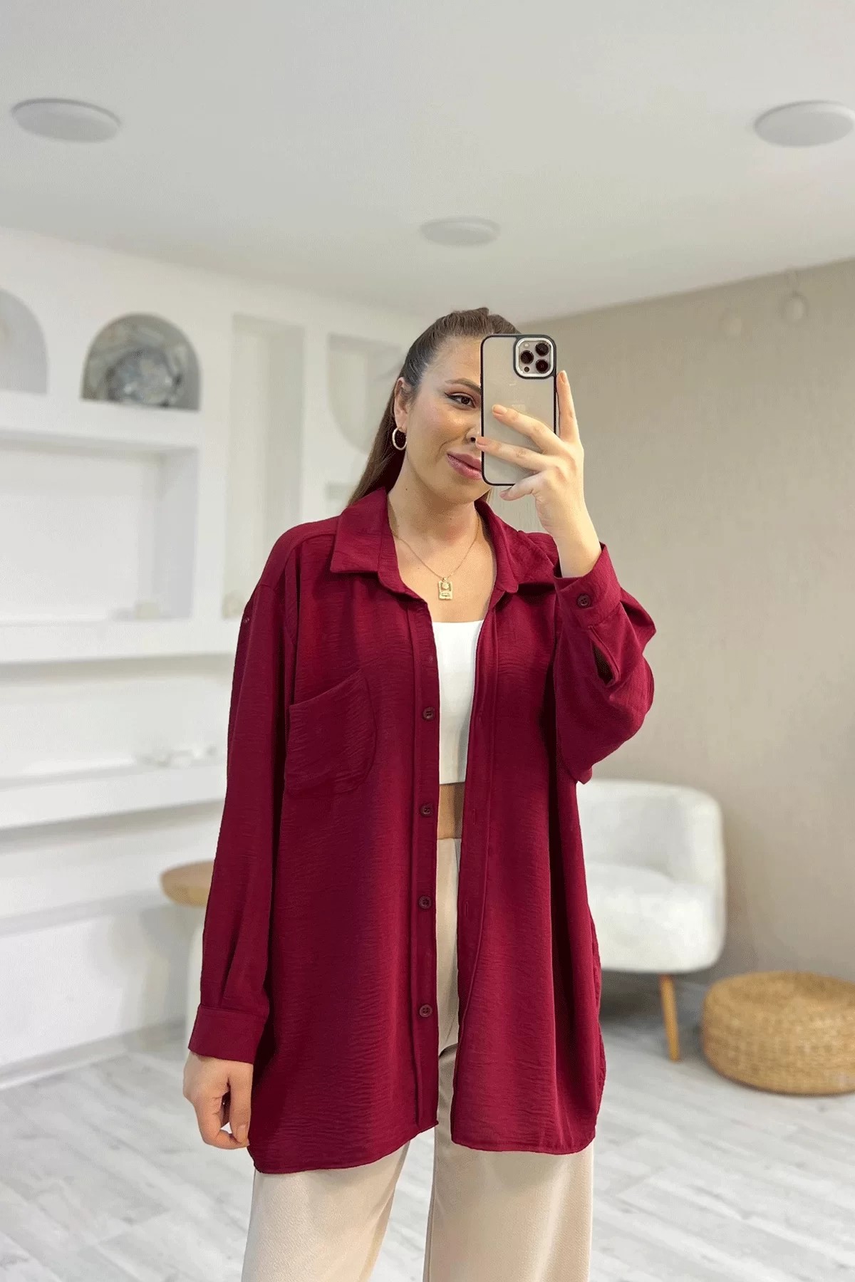 Ayrobin Kumaş Tek Cep Oversize Bordo Gömlek