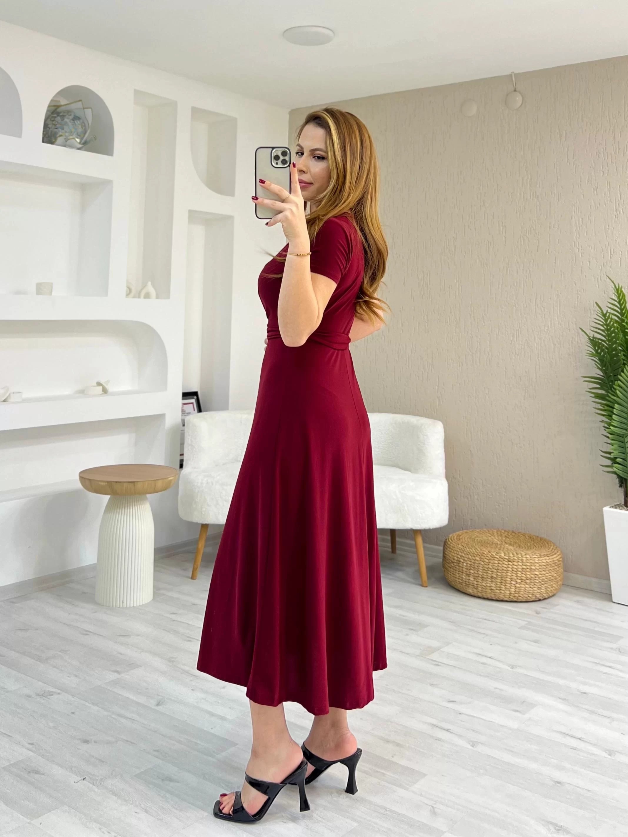Sandy Kemerli Drapeli Elbise Bordo