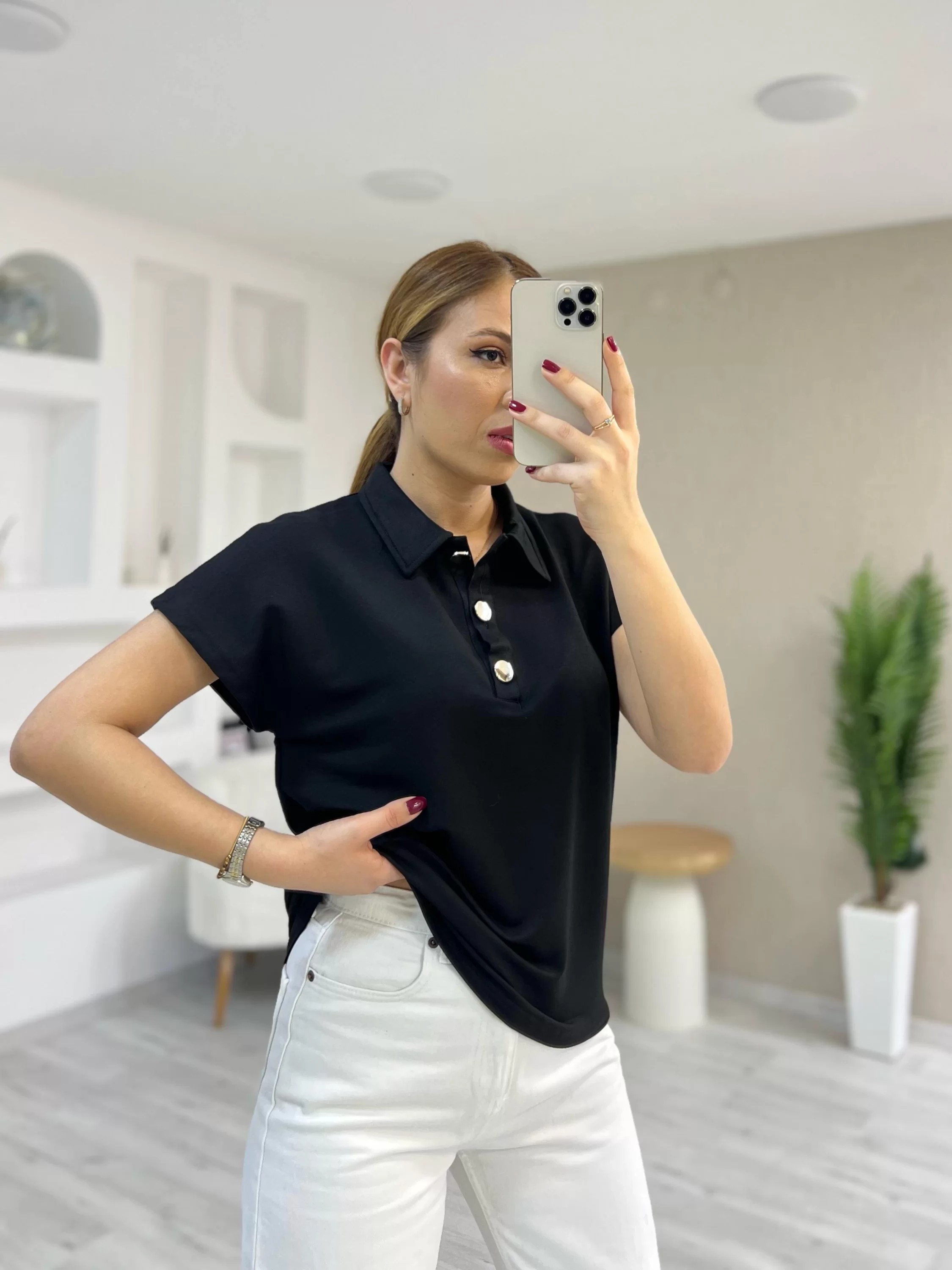 Gold Düğmeli Polo Yaka Tişört Siyah