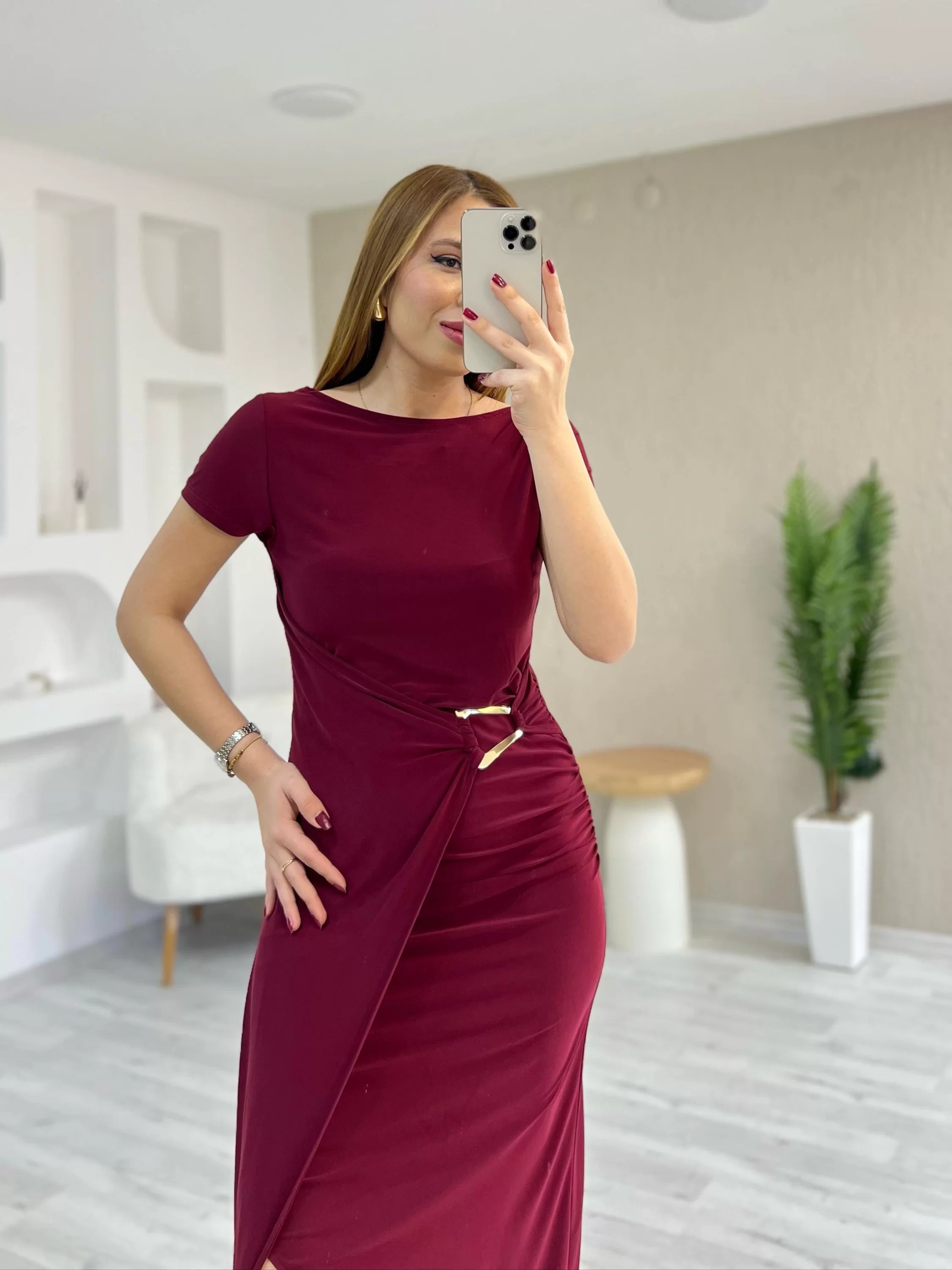 Toka Detay Kruvaze Sandy Elbise Bordo