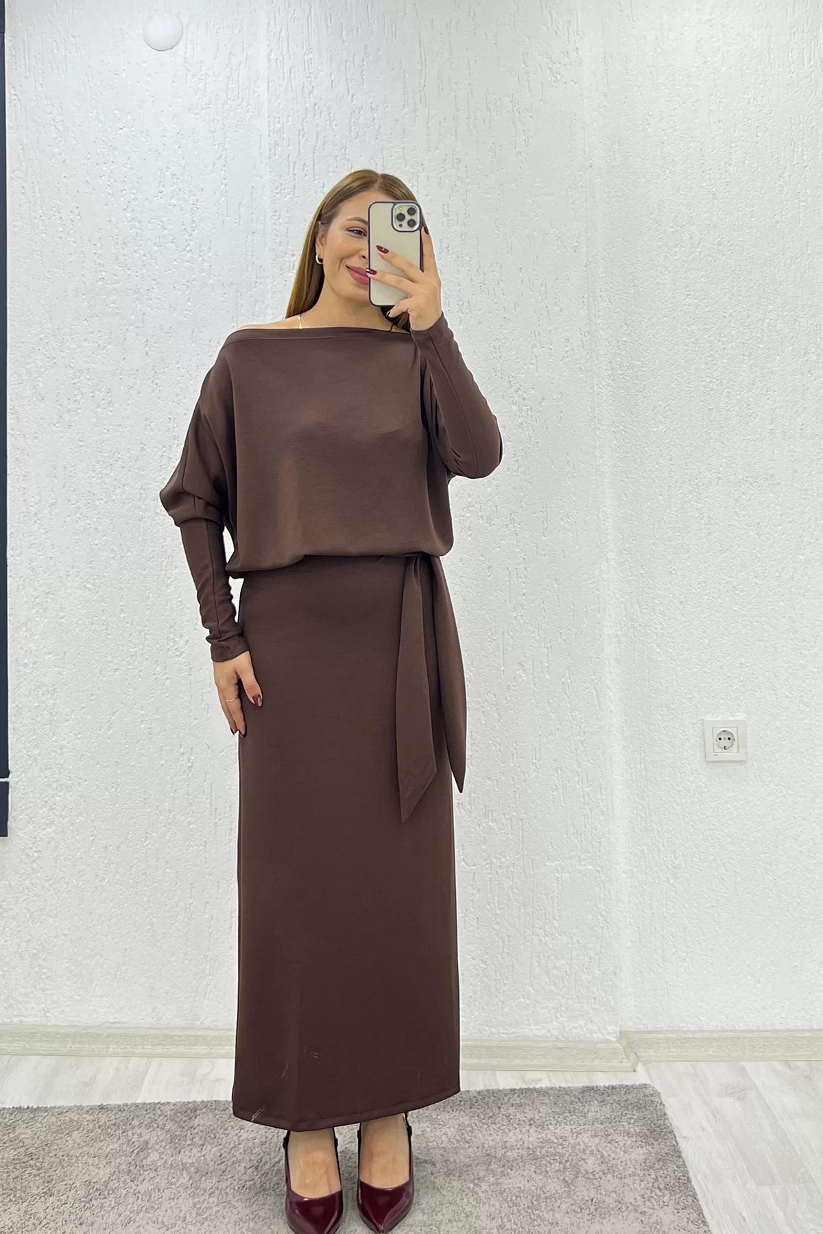 Modal Kumaş Kuşaklı Taba Elbise