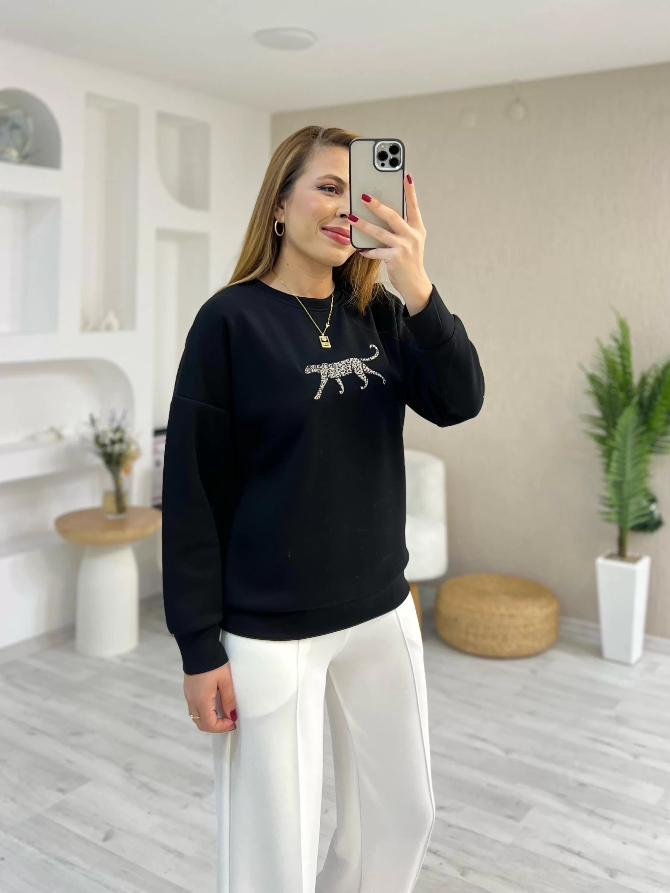 Leopar Detay Baskılı Sweat Siyah