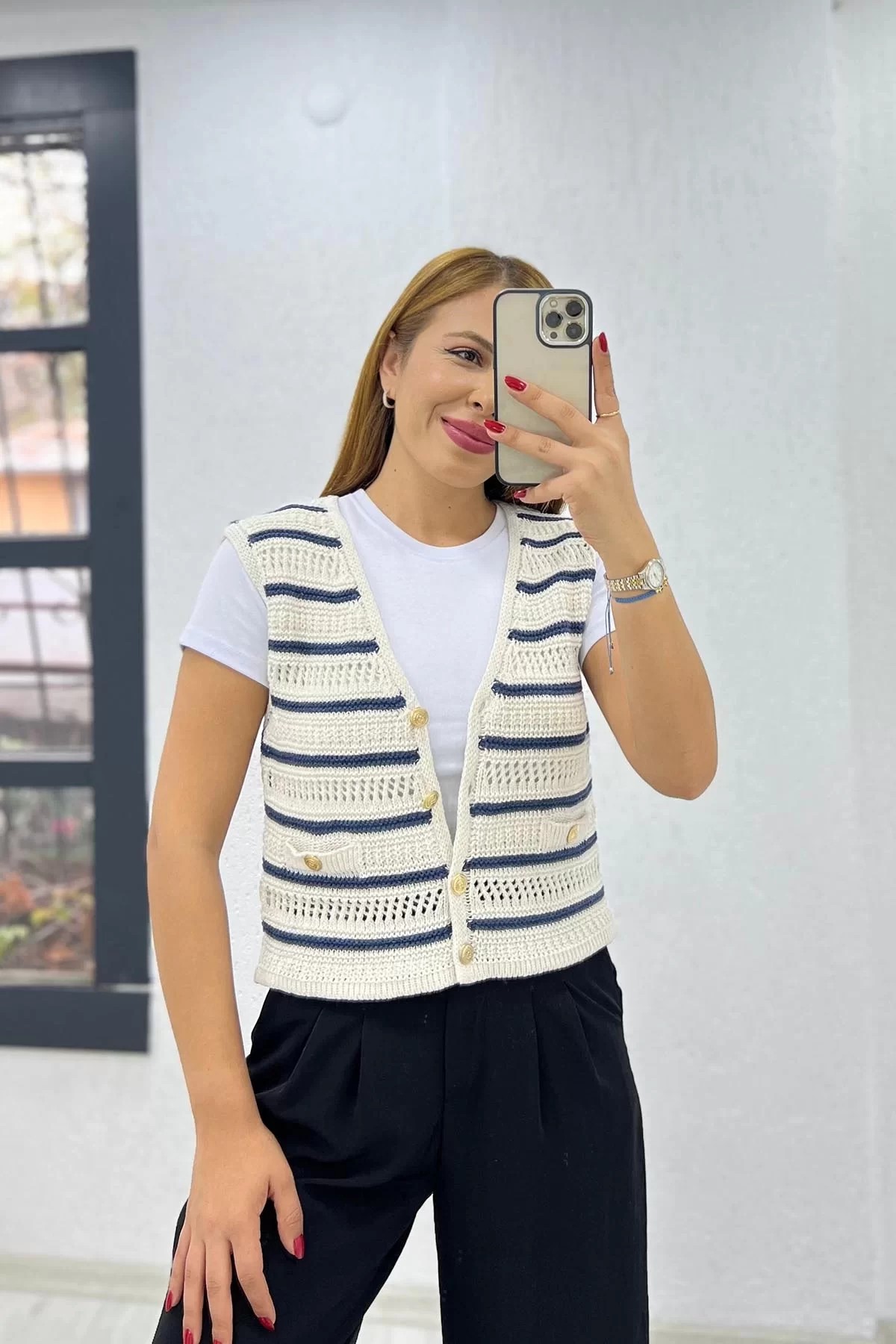 Süveter Yelek Mavi Çizgili