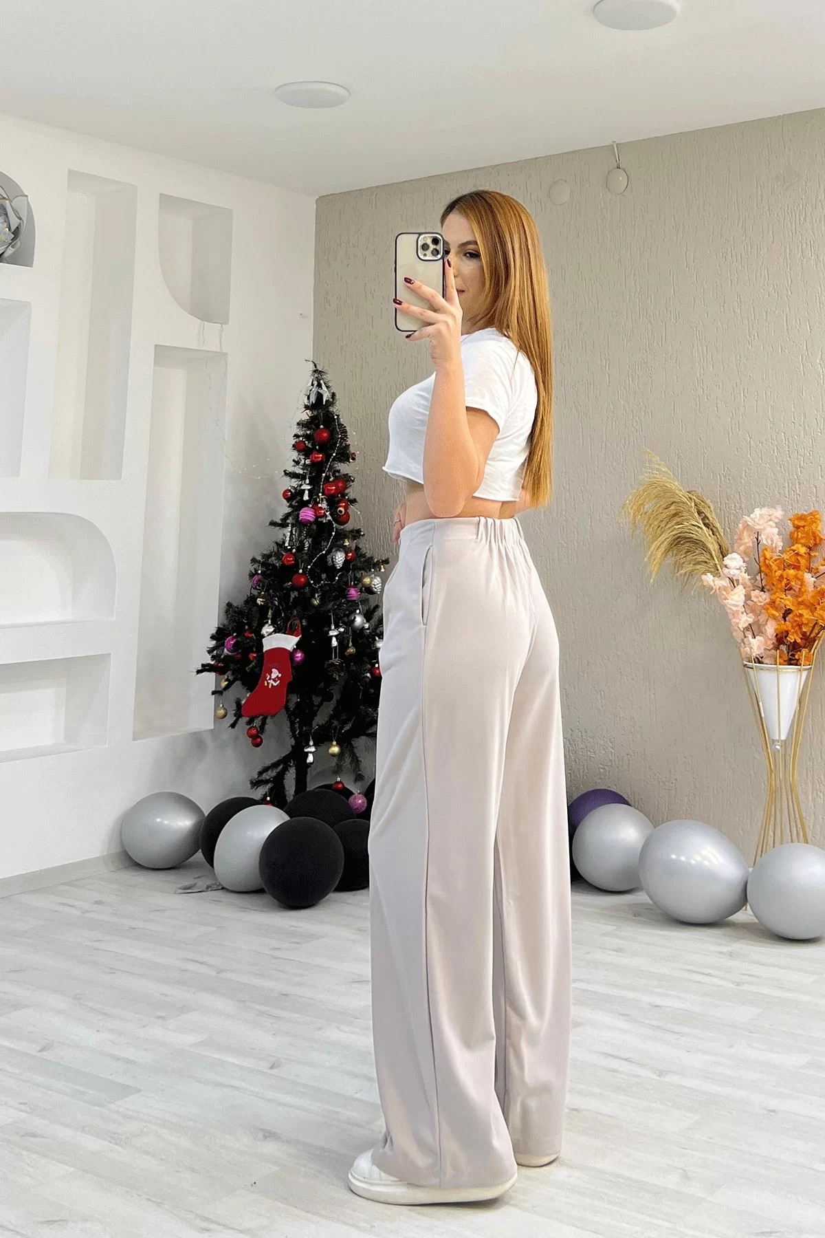 Ön Pileli Kaplama Düğmeli Ekru Pantolon