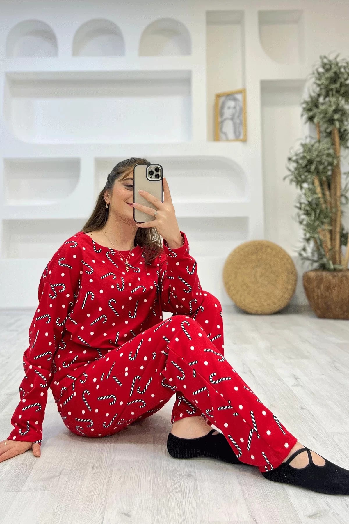 Noel Şekeri Desenli Pijama Takımı Kırmızı