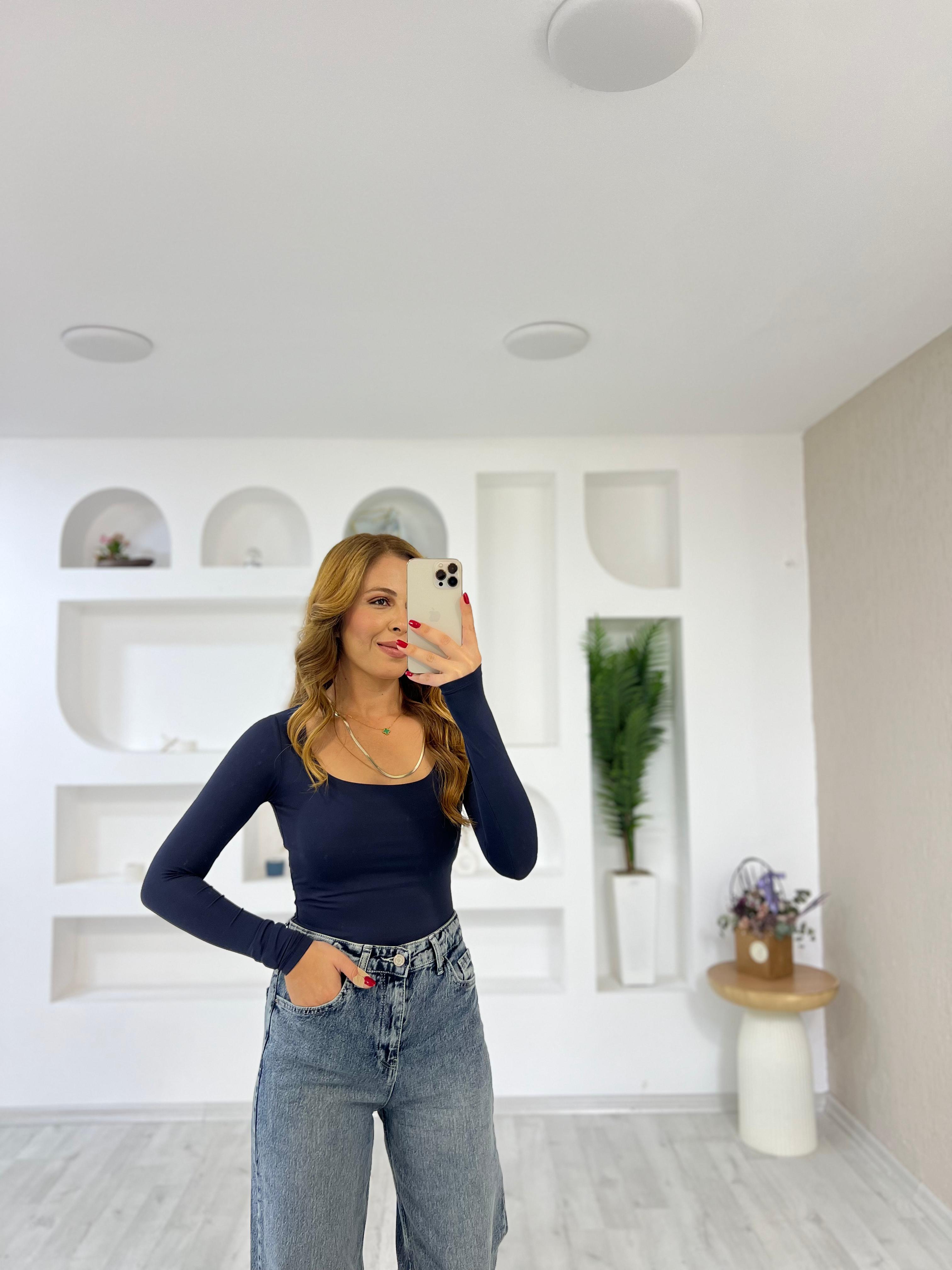 Sandy Kumaş Kare Yaka Bady  - Lacivert