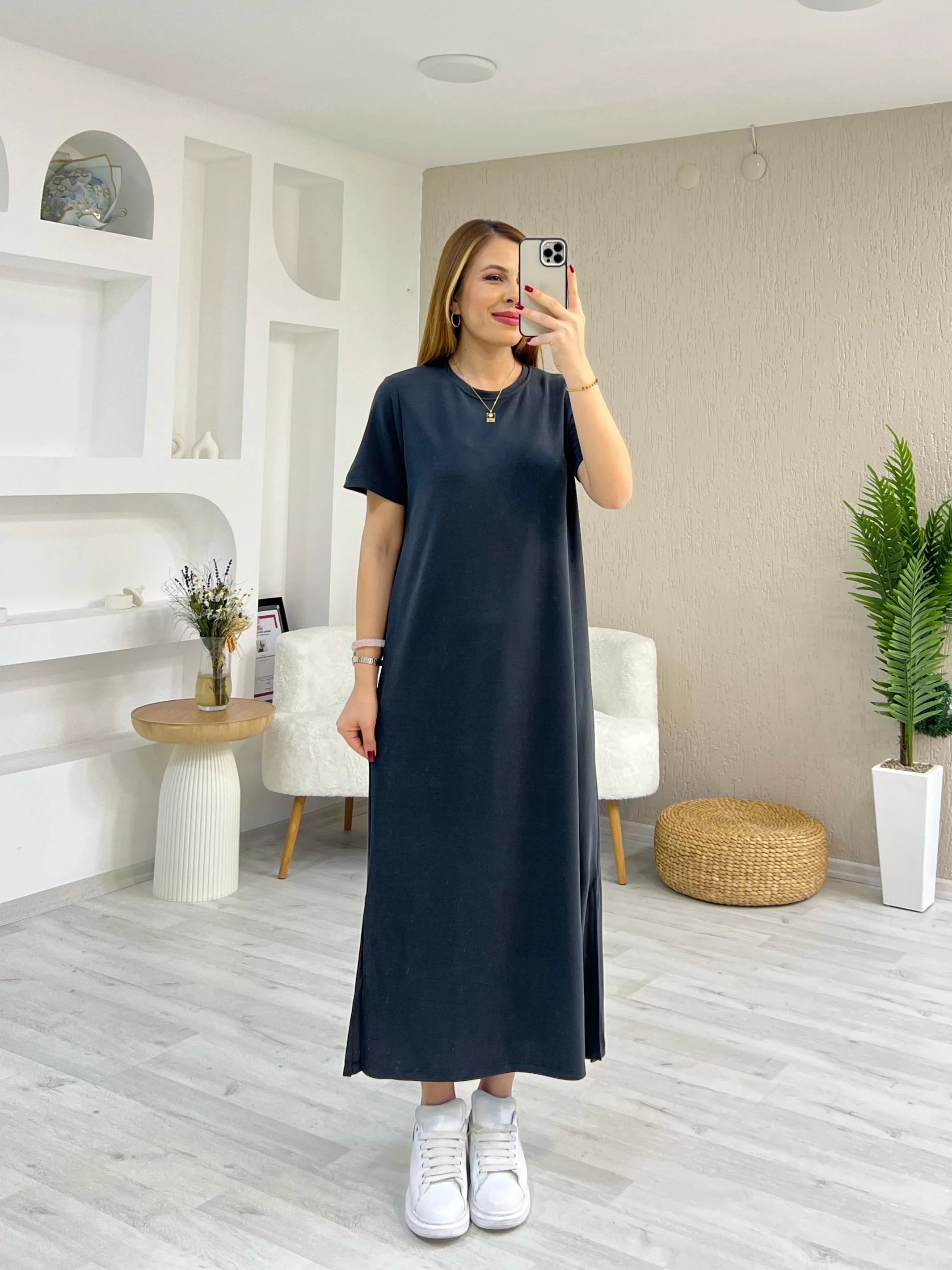 Oysho Yırtmaçlı Kısa Kol Pike Elbise Antrasit