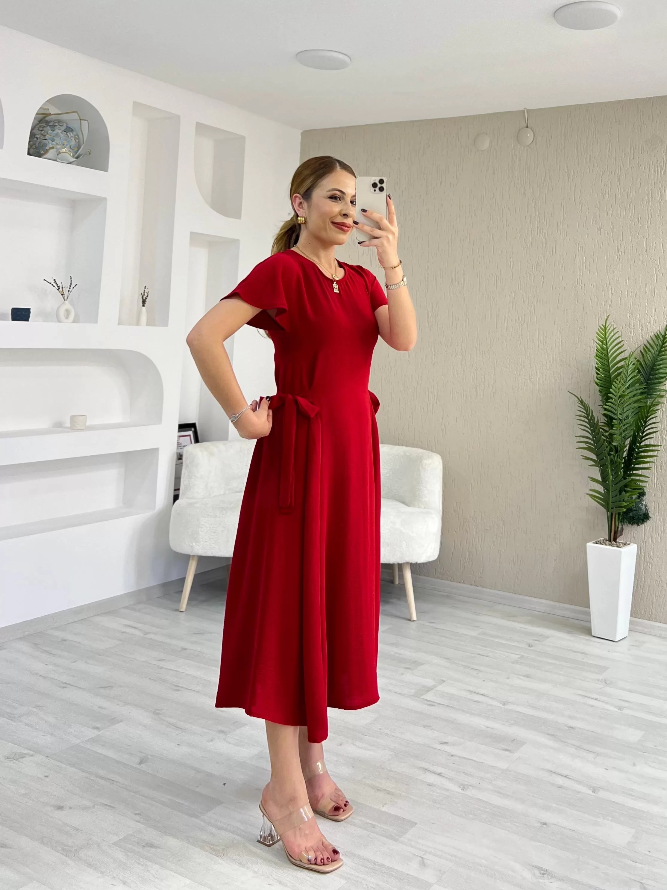 Yan Bağlama Detay Ayrobin Elbise Kırmızı