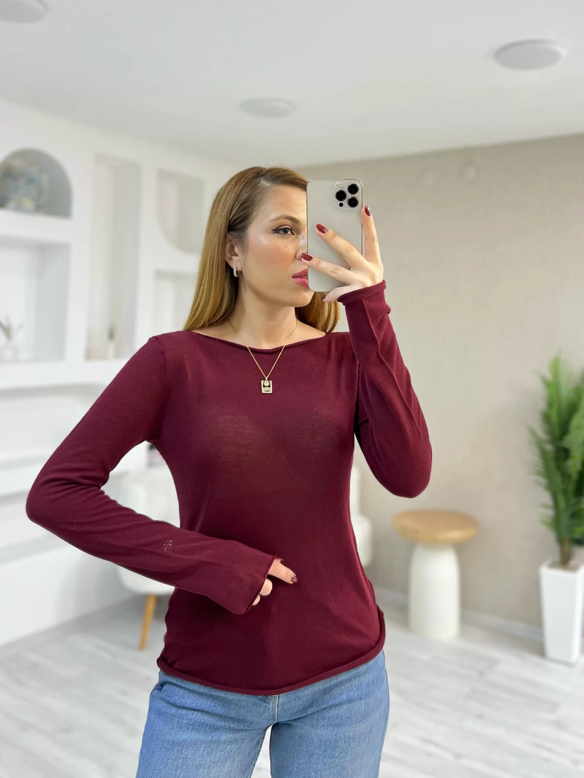 Kayık Yaka Transparan Bluz Bordo