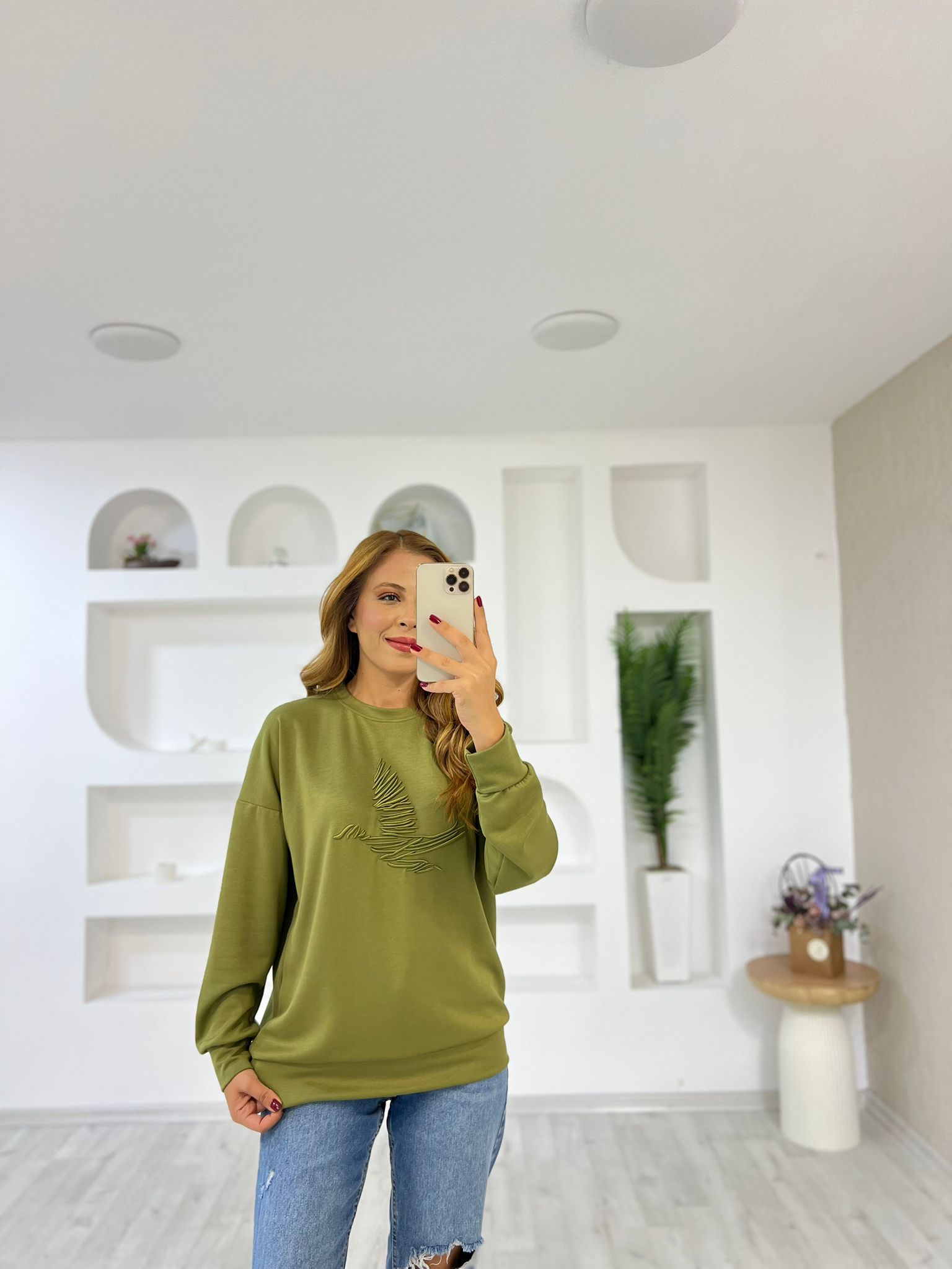 Evalı Kuş Nakışlı Sweat - Yeşil